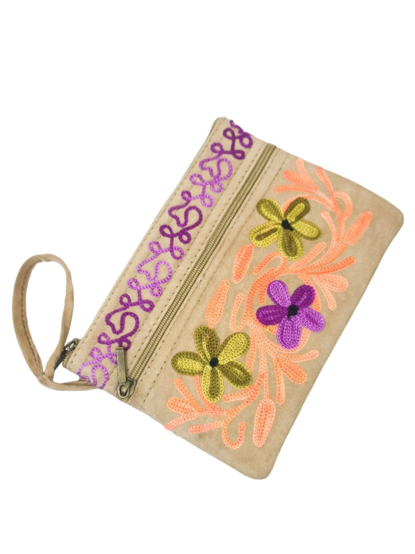 Suede Leather Purse | Aari Hand Purch | 6" 3 Zip Embroidered Purse - ZANSKAR ARTS