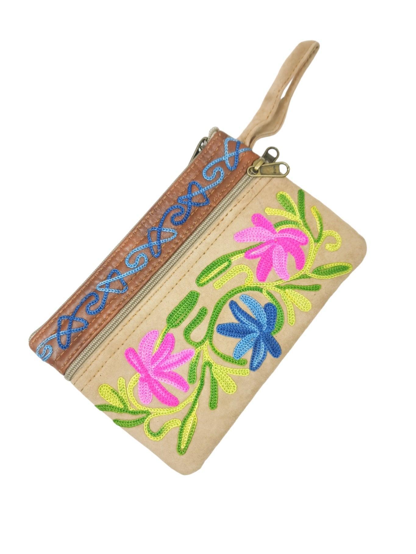 Suede Leather Purse | Aari Hand Purch | 6" 3 Zip Embroidered Purse - ZANSKAR ARTS