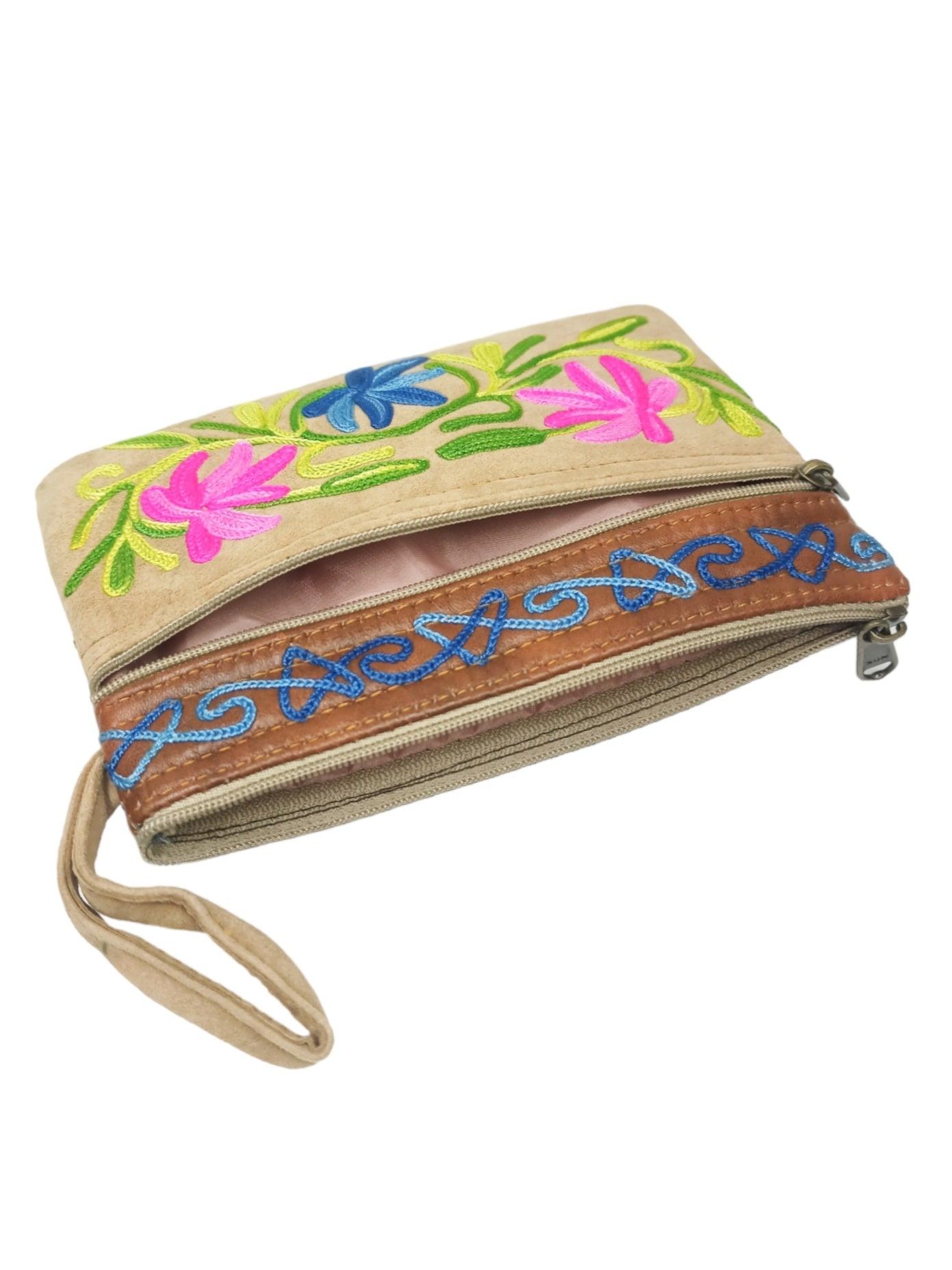 Suede Leather Purse | Aari Hand Purch | 6" 3 Zip Embroidered Purse