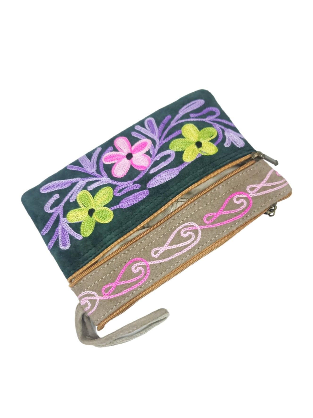 Suede Leather Purse | Aari Hand Purch | 6" 3 Zip Embroidered Purse