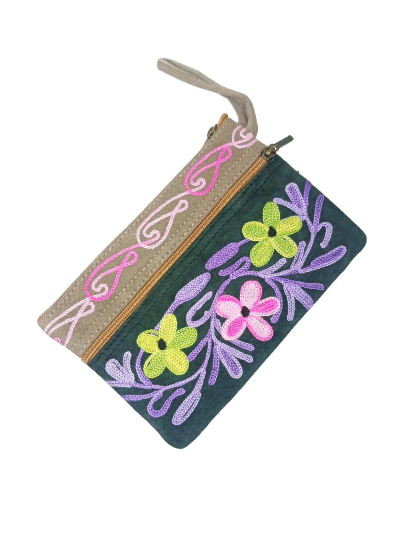 Suede Leather Purse | Aari Hand Purch | 6" 3 Zip Embroidered Purse