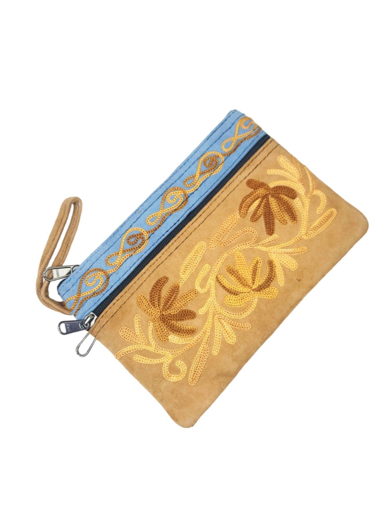 Suede Leather Purse | Aari Hand Purch | 6" 3 Zip Embroidered Purse - ZANSKAR ARTS