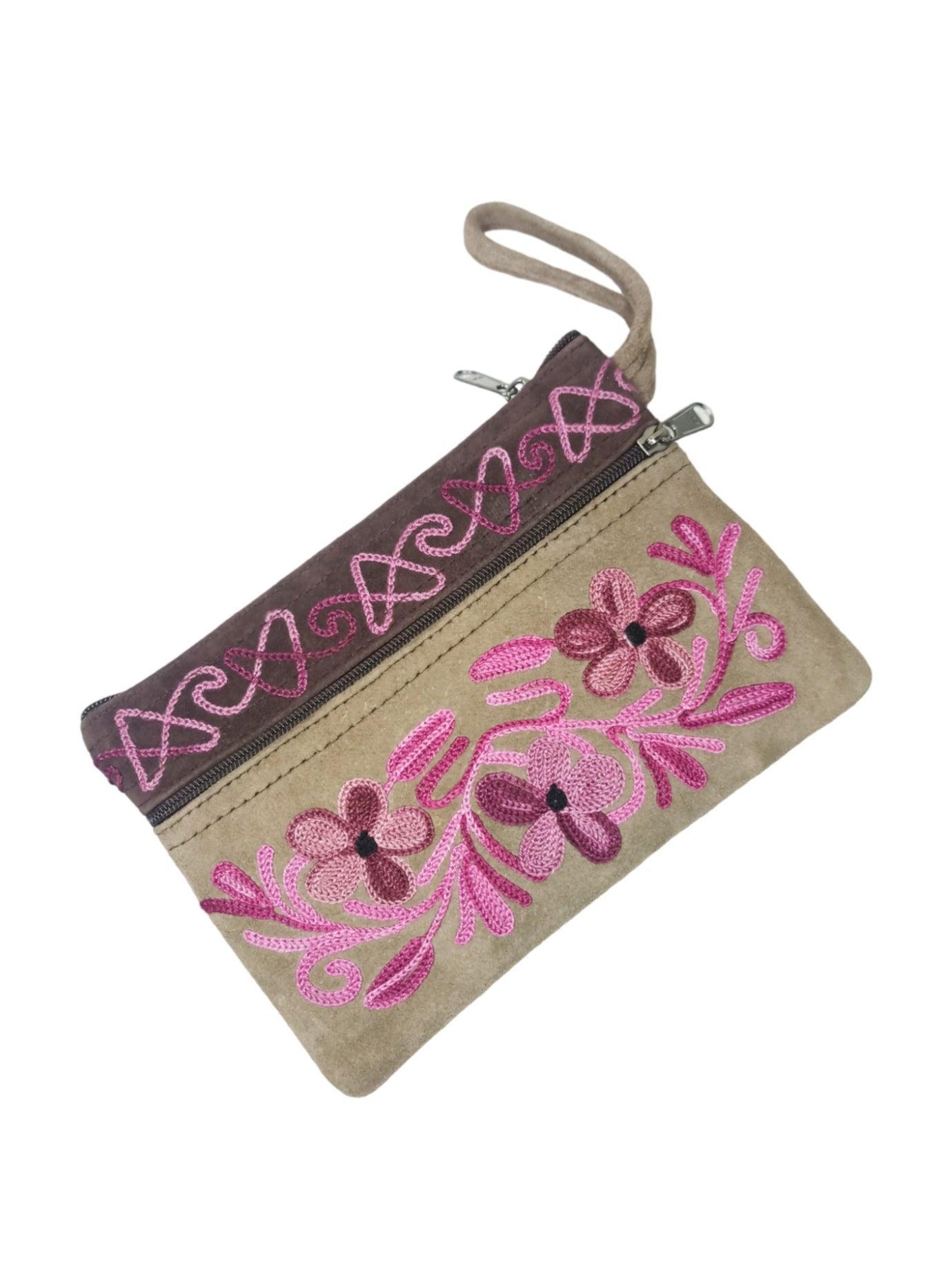 Suede Leather Purse | Aari Hand Purch | 6" 3 Zip Embroidered Purse