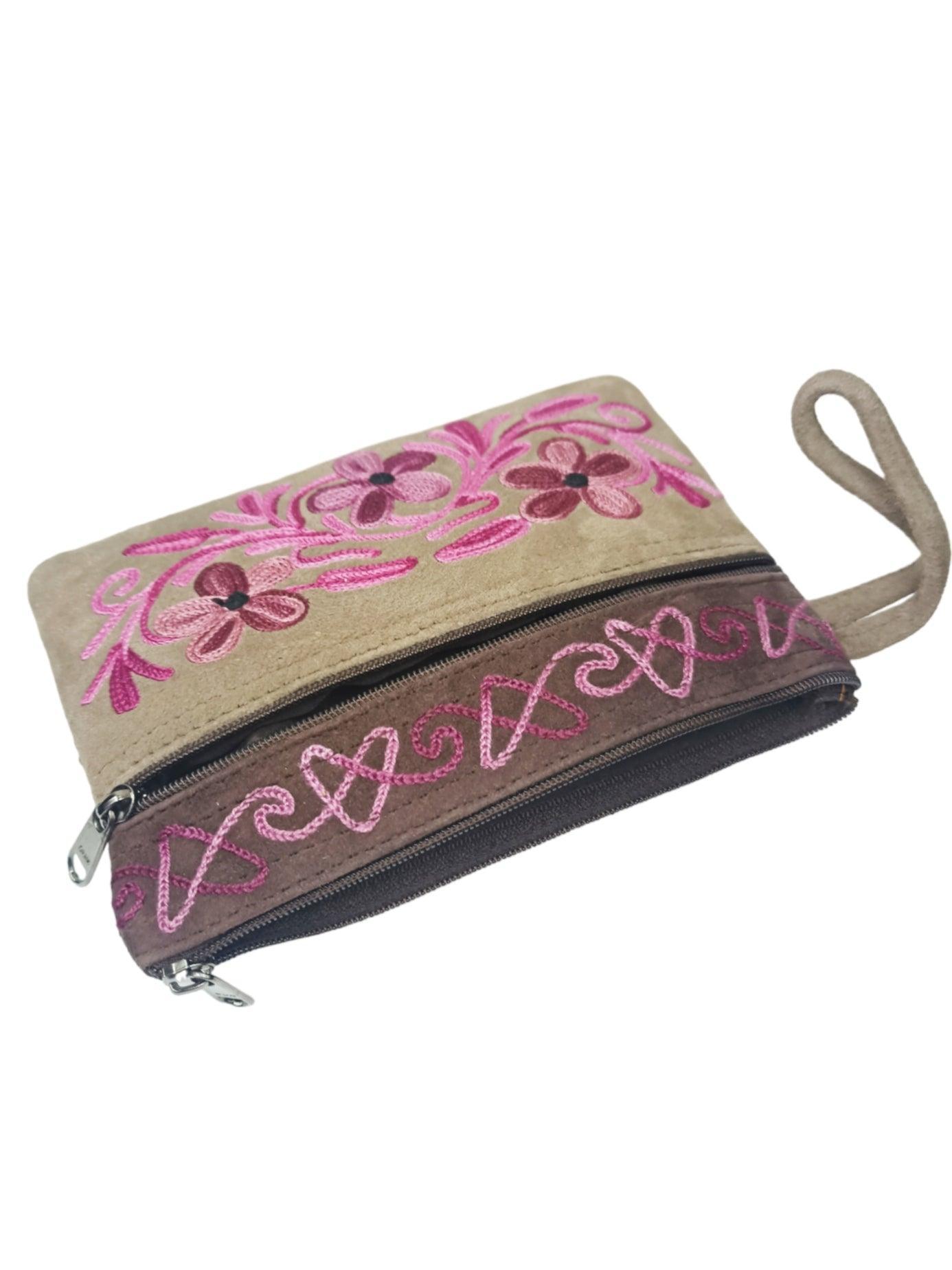 Suede Leather Purse | Aari Hand Purch | 6" 3 Zip Embroidered Purse
