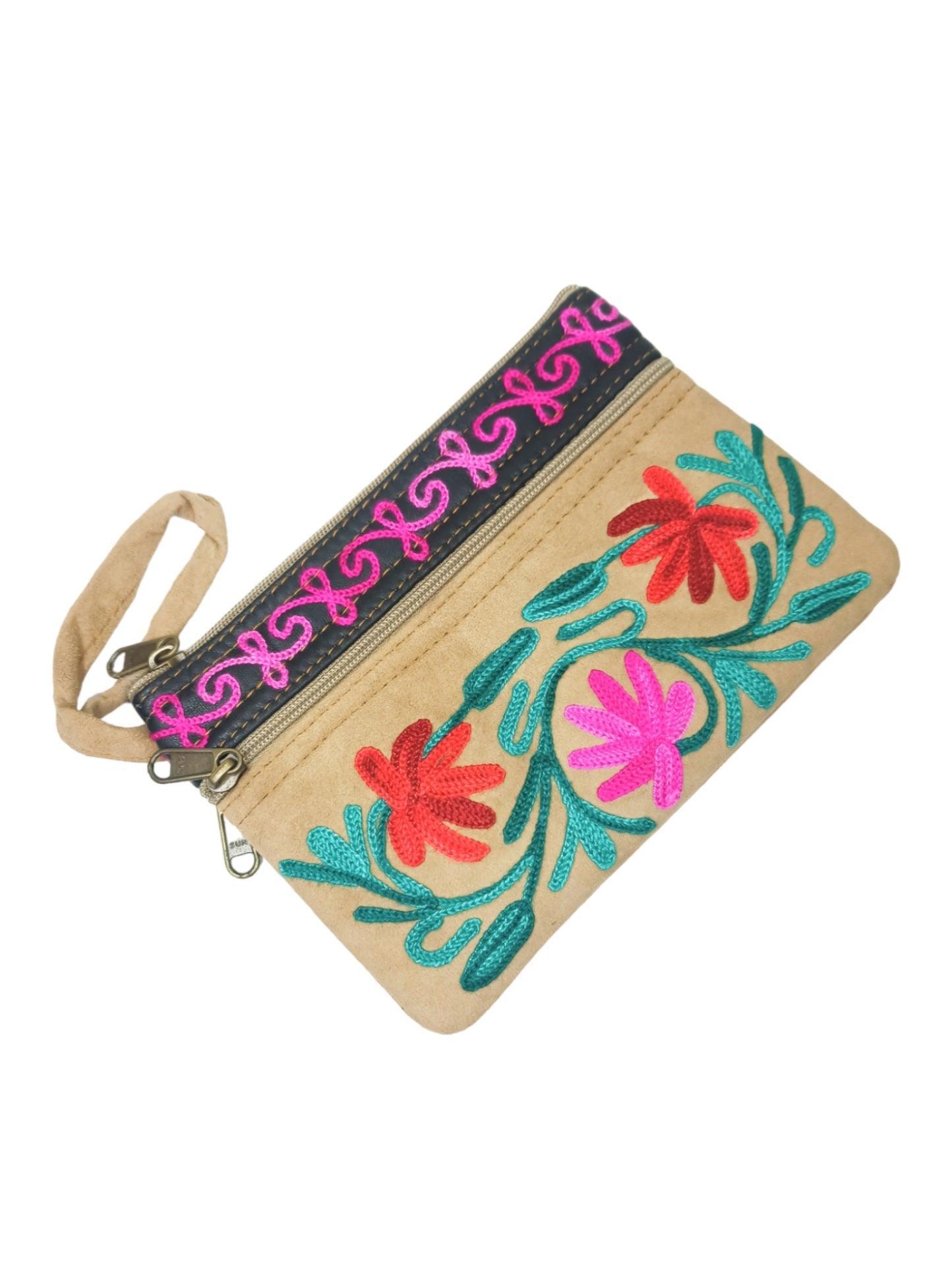 Suede Leather Purse | Aari Hand Purch | 6" 3 Zip Embroidered Purse
