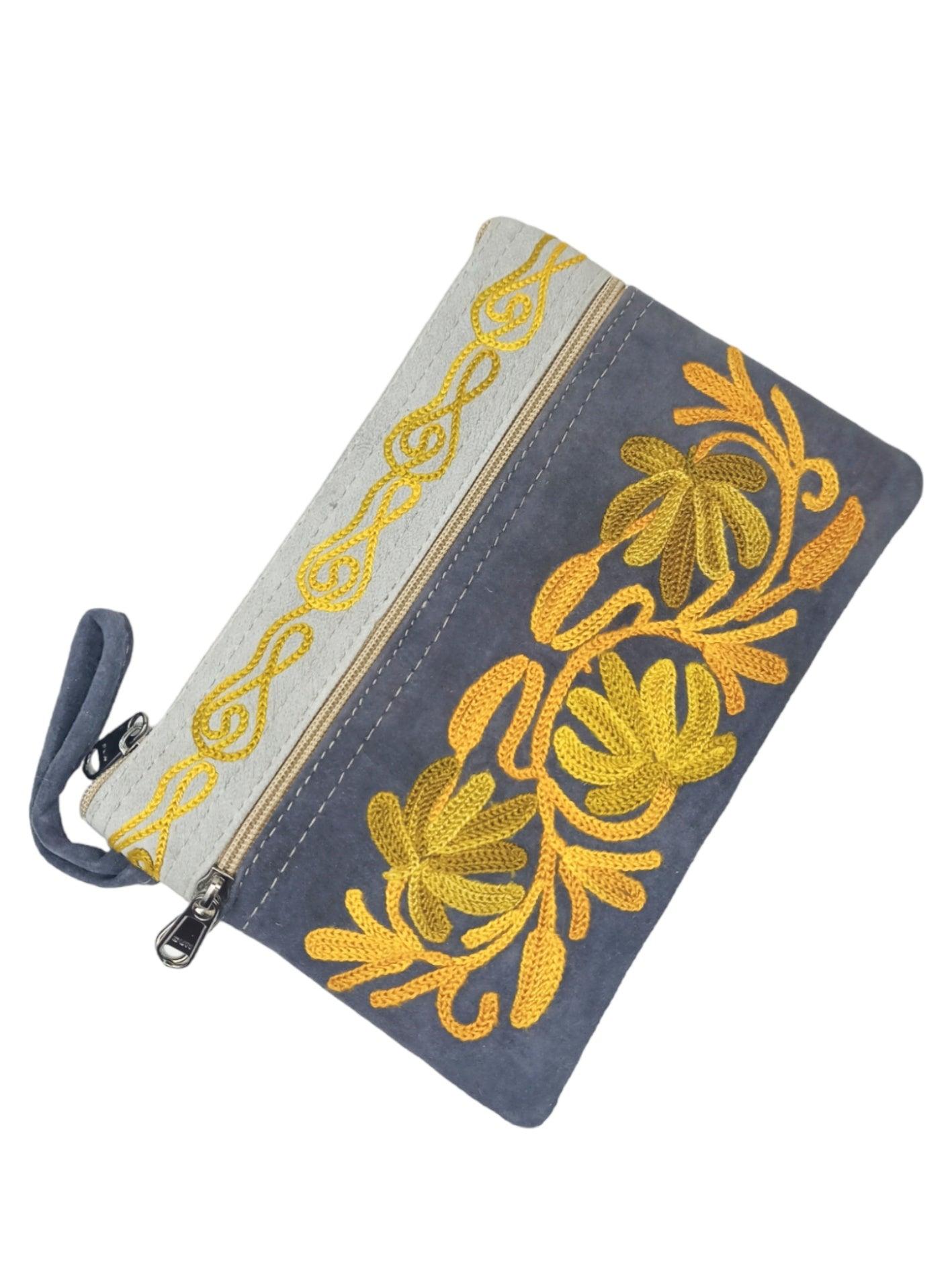 Suede Leather Purse | Aari Hand Purch | 6" 3 Zip Embroidered Purse