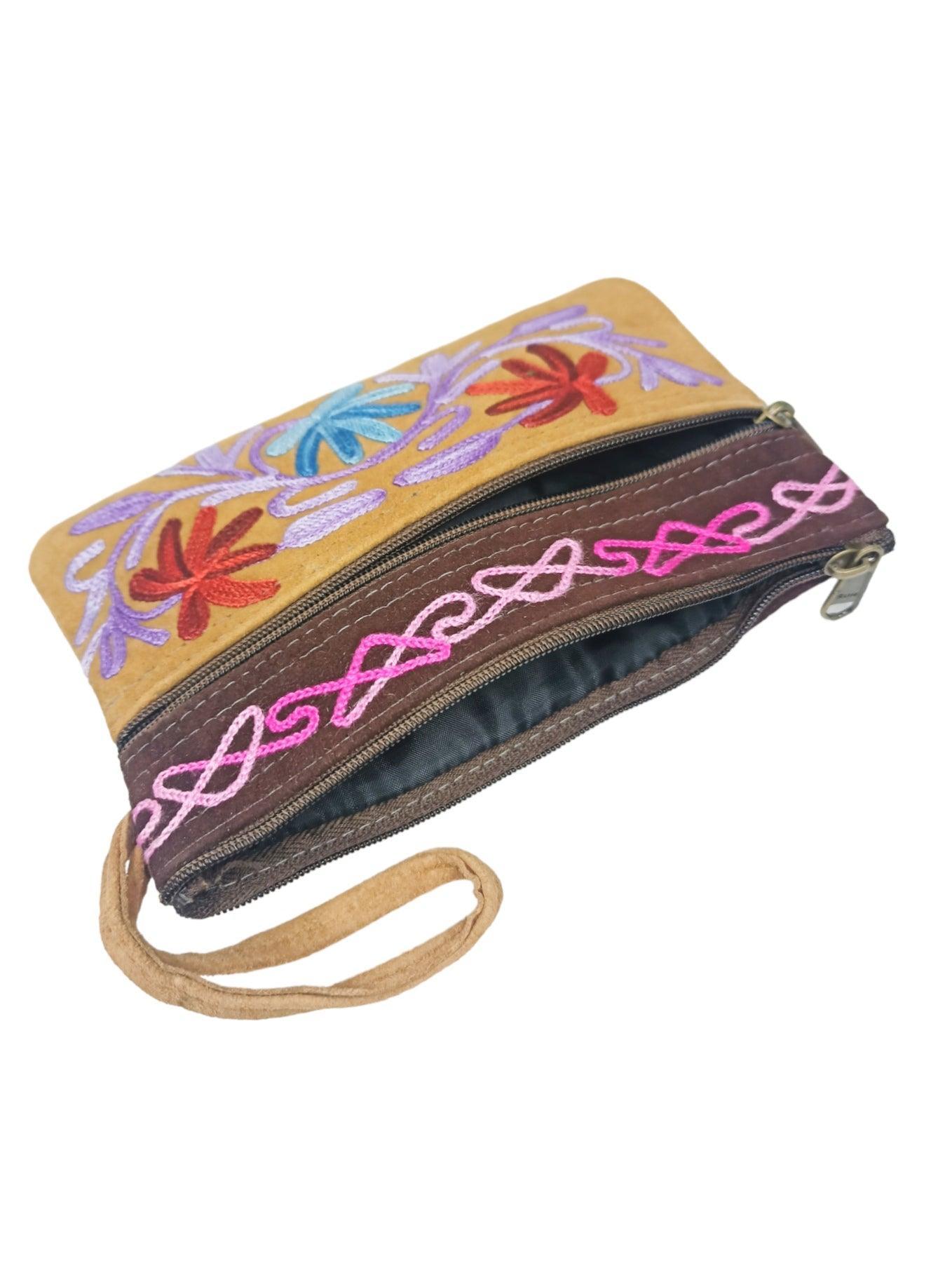 Suede Leather Purse | Aari Hand Purch | 6" 3 Zip Embroidered Purse