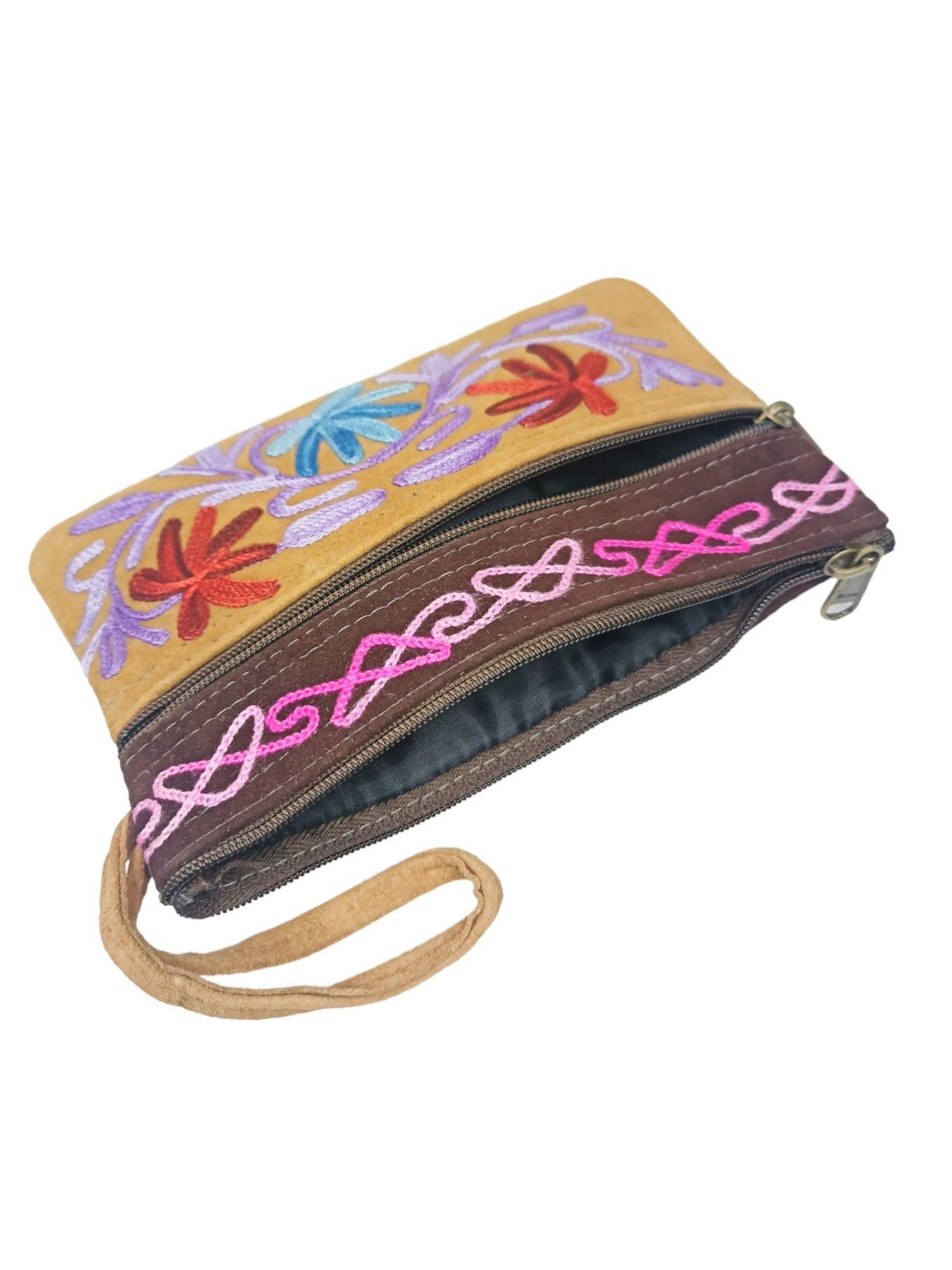 Suede Leather Purse | Aari Hand Purch | 6" 3 Zip Embroidered Purse - ZANSKAR ARTS