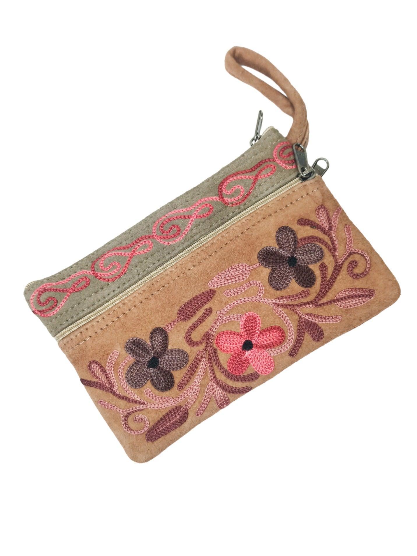 Suede Leather Purse | Aari Hand Purch | 6" 3 Zip Embroidered Purse - ZANSKAR ARTS