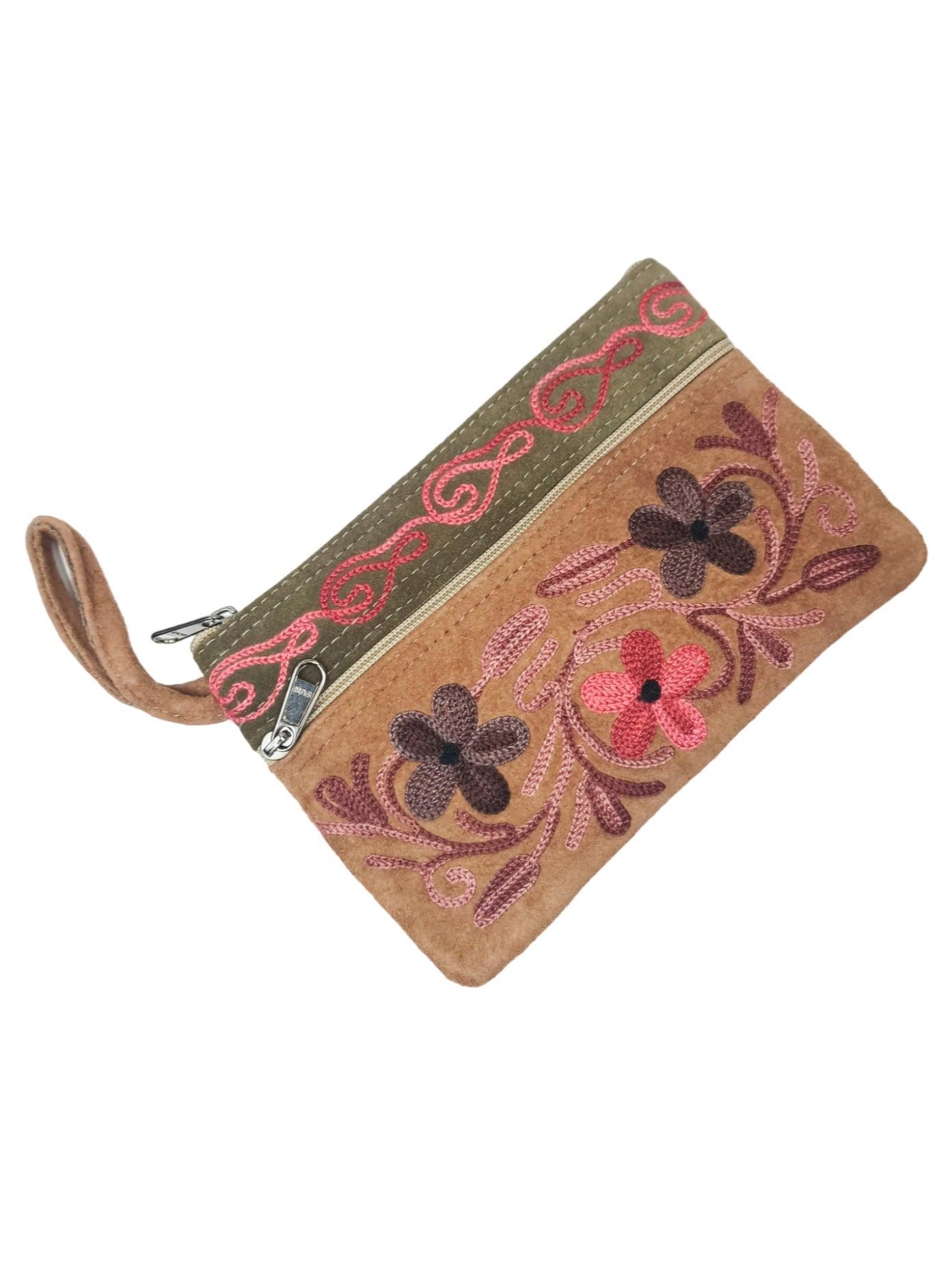 Suede Leather Purse | Aari Hand Purch | 6" 3 Zip Embroidered Purse