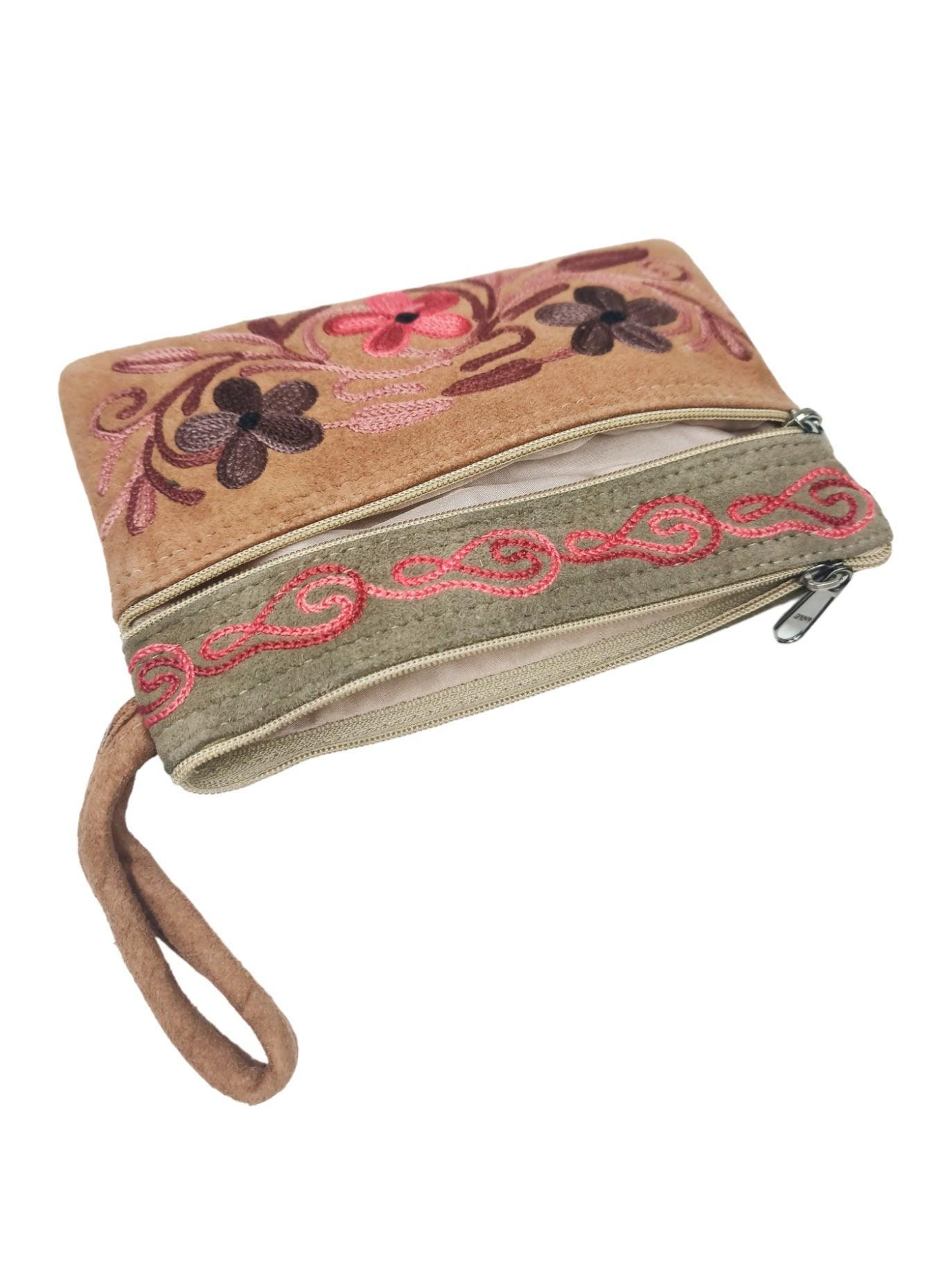 Suede Leather Purse | Aari Hand Purch | 6" 3 Zip Embroidered Purse - ZANSKAR ARTS