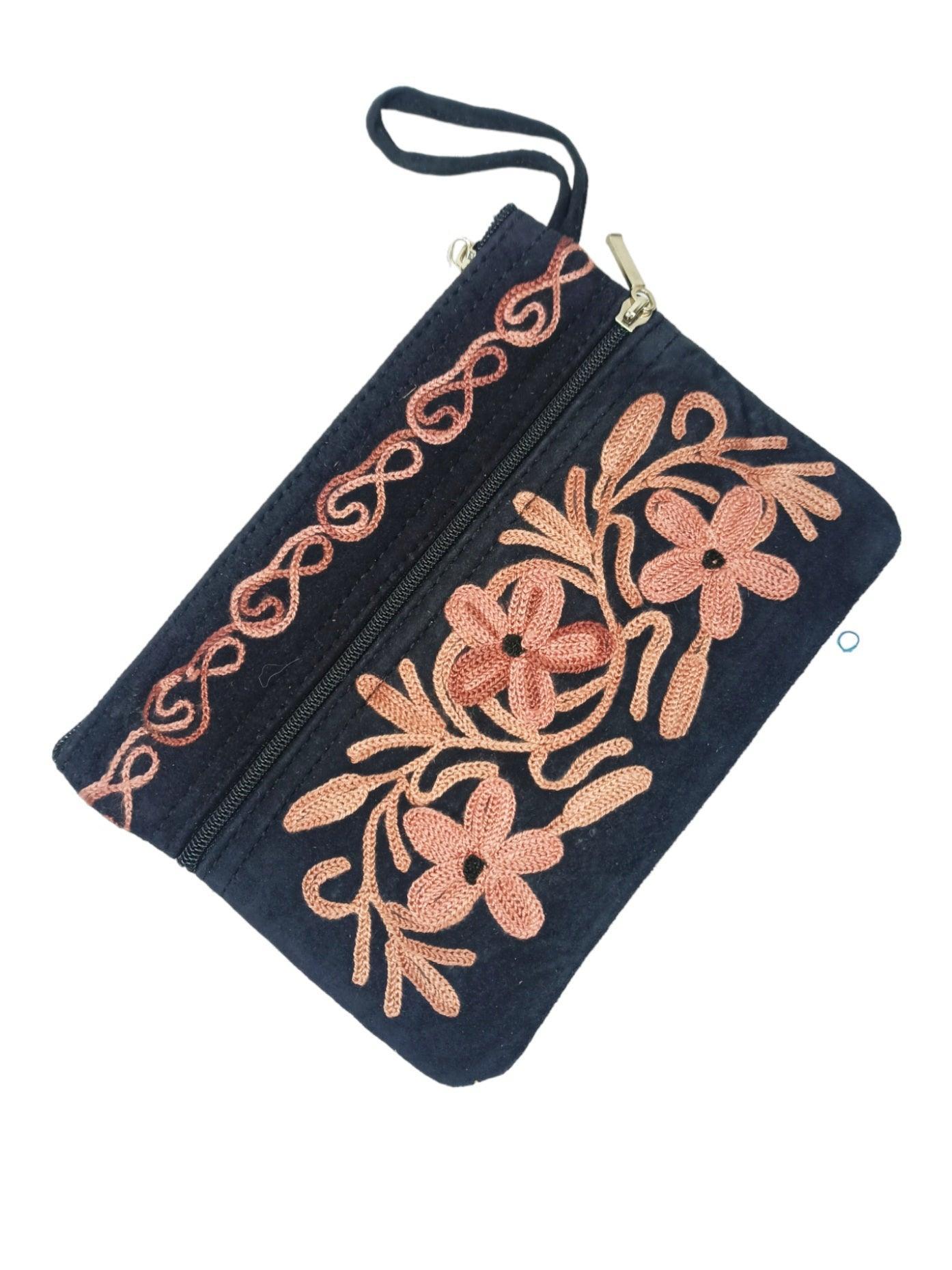 Suede Leather Purse | Aari Hand Purch | 6" 3 Zip Embroidered Purse - ZANSKAR ARTS