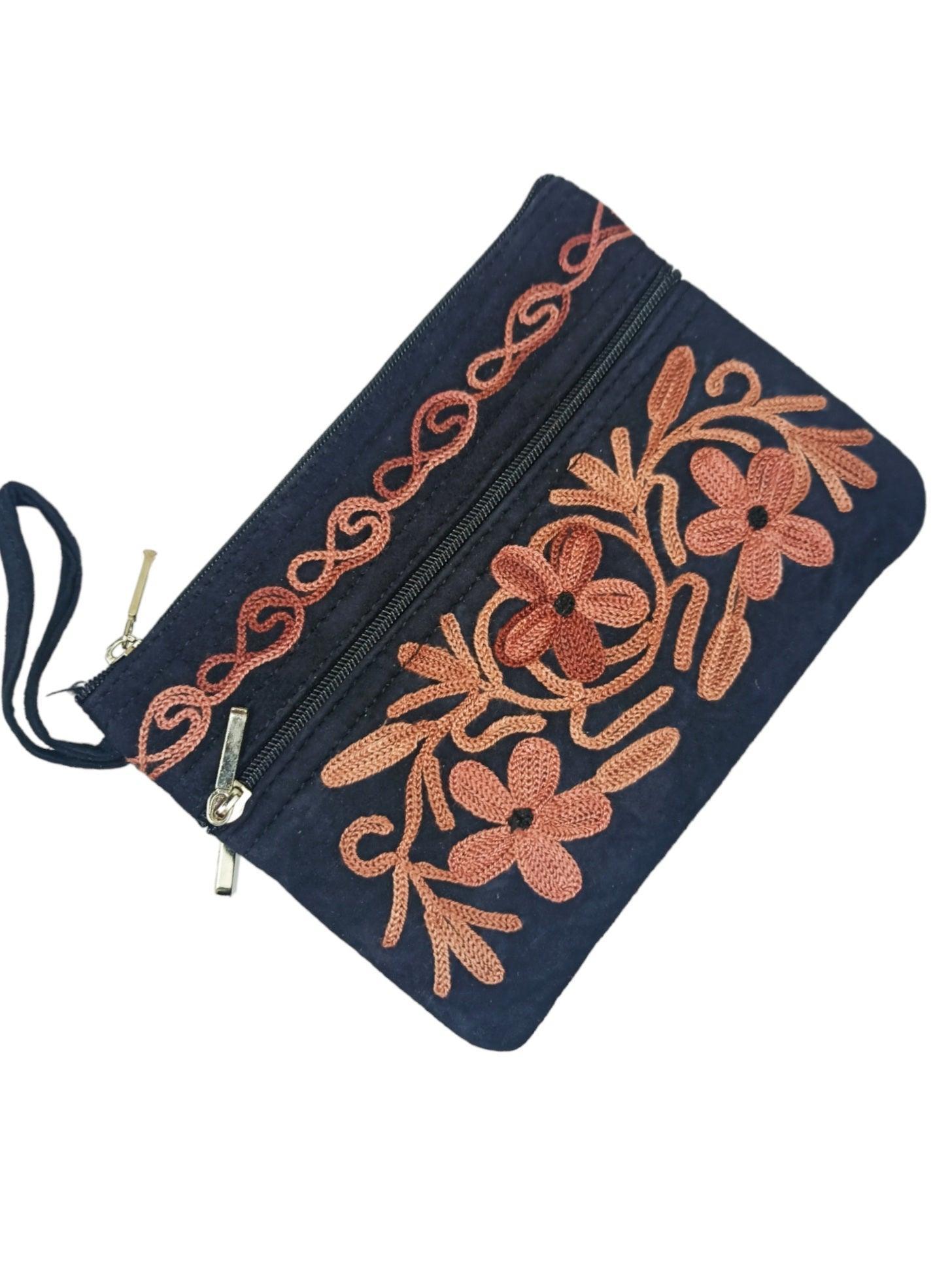 Suede Leather Purse | Aari Hand Purch | 6" 3 Zip Embroidered Purse
