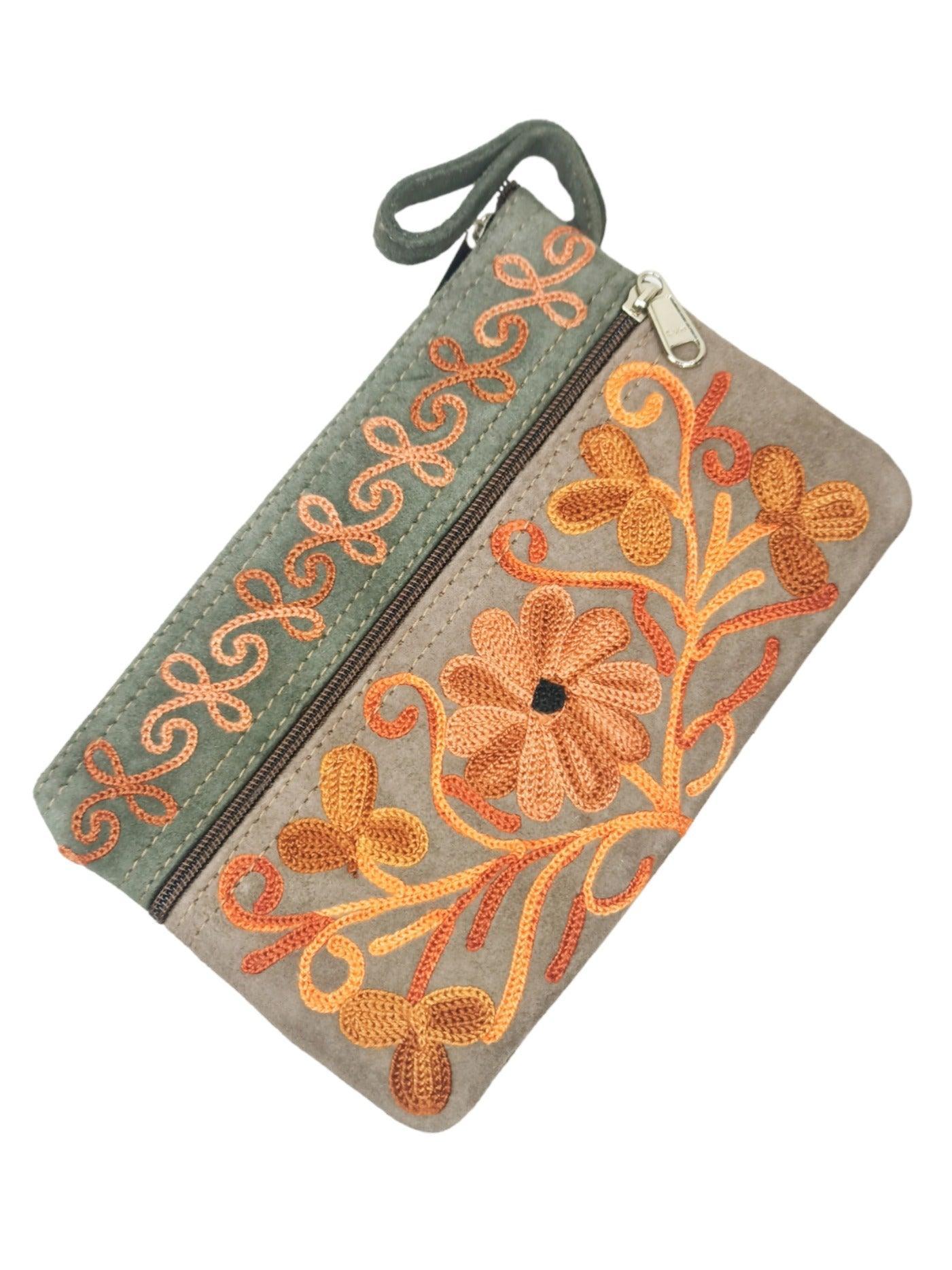 Suede Leather Purse | Aari Hand Purch | 6" 3 Zip Embroidered Purse - ZANSKAR ARTS