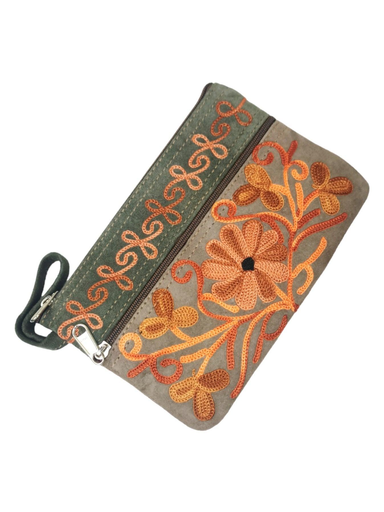 Suede Leather Purse | Aari Hand Purch | 6" 3 Zip Embroidered Purse