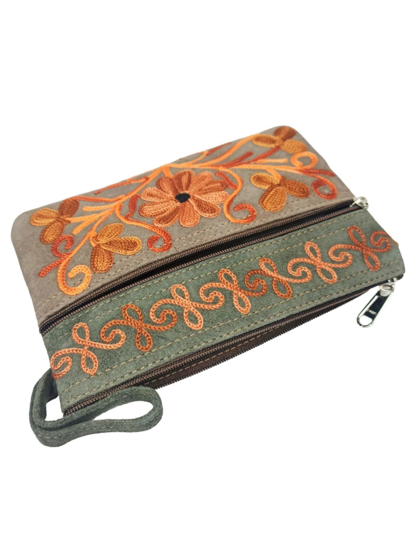 Suede Leather Purse | Aari Hand Purch | 6" 3 Zip Embroidered Purse - ZANSKAR ARTS