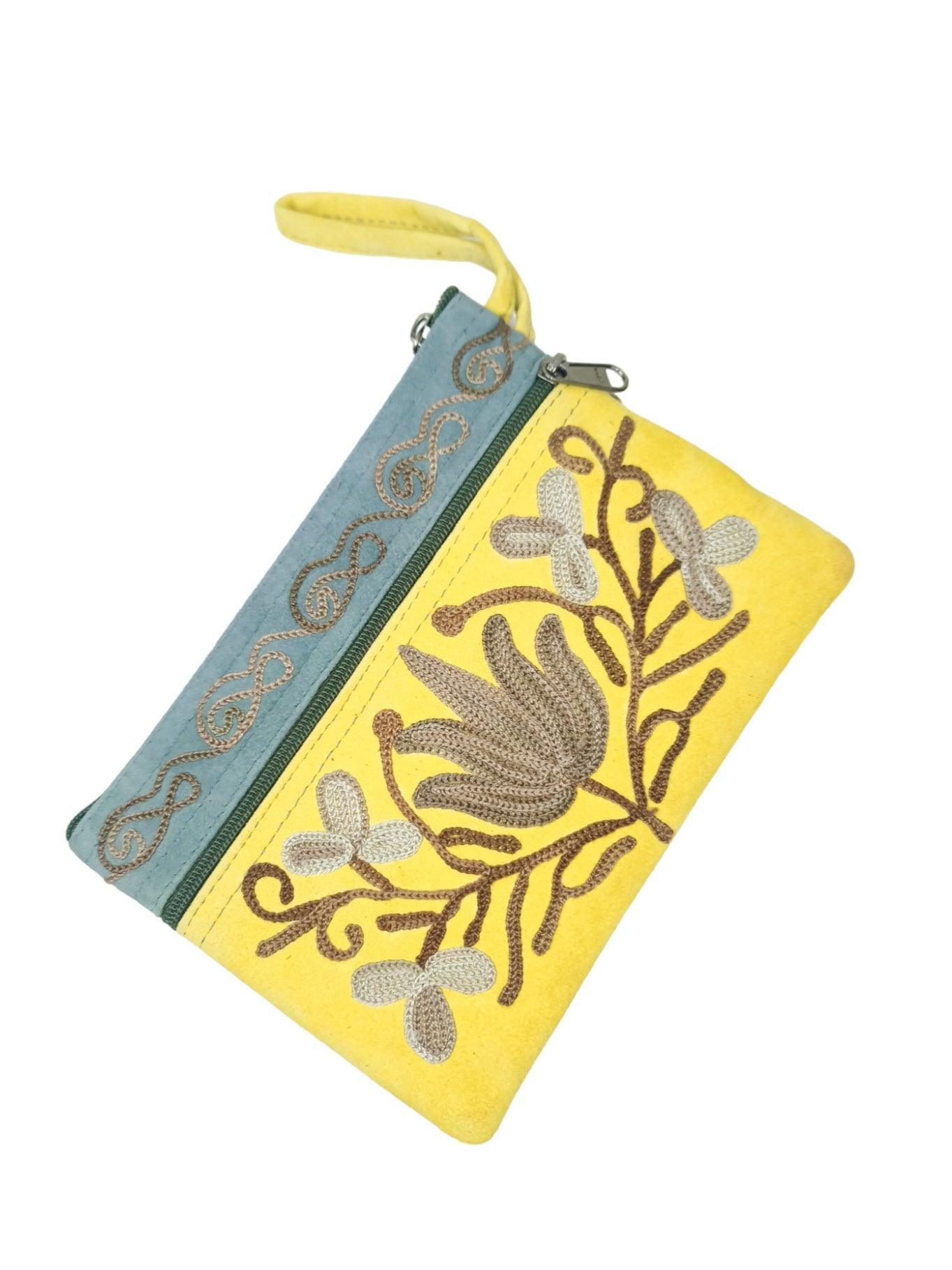 Suede Leather Purse | Aari Hand Purch | 6" 3 Zip Embroidered Purse