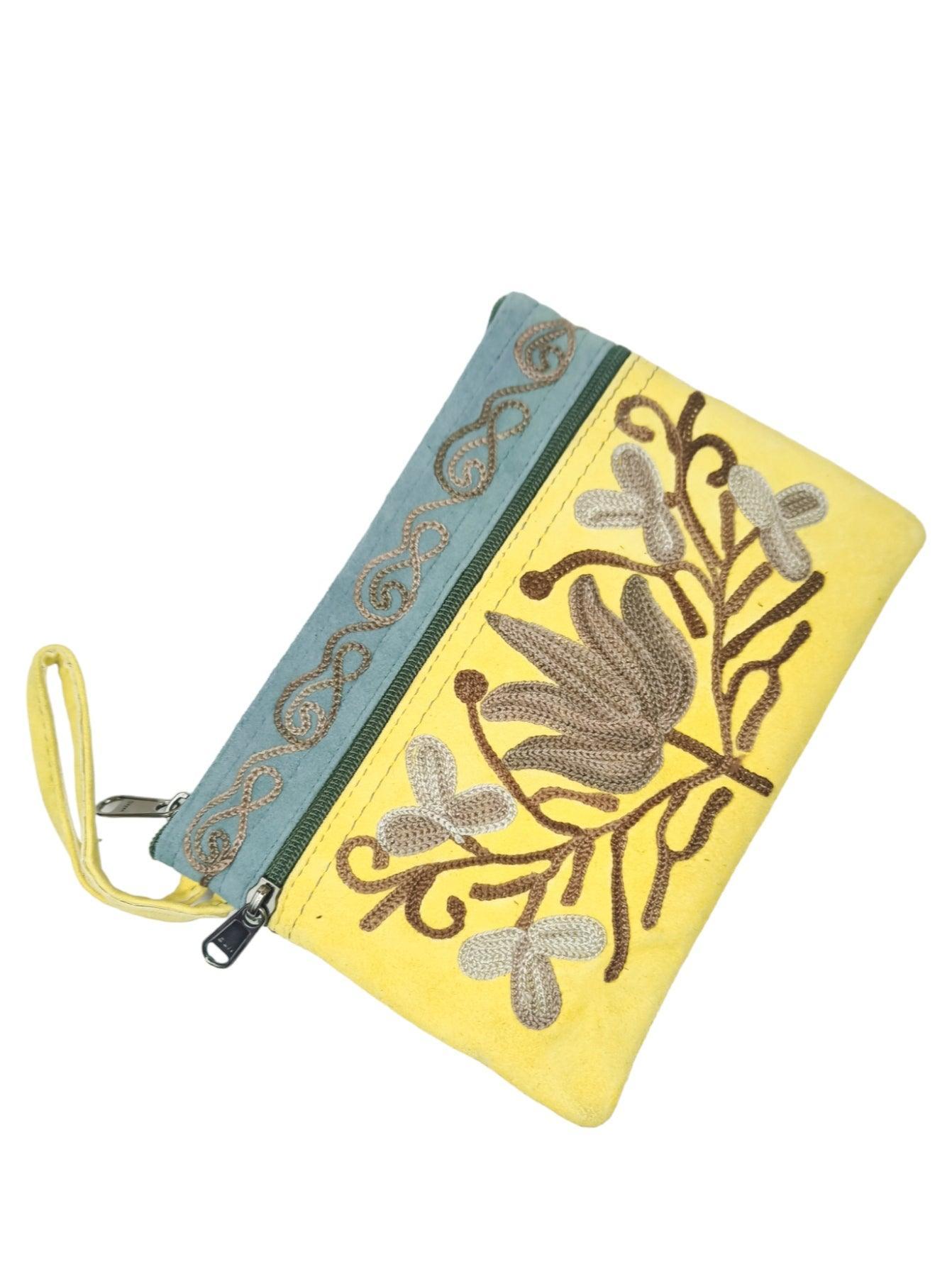 Suede Leather Purse | Aari Hand Purch | 6" 3 Zip Embroidered Purse
