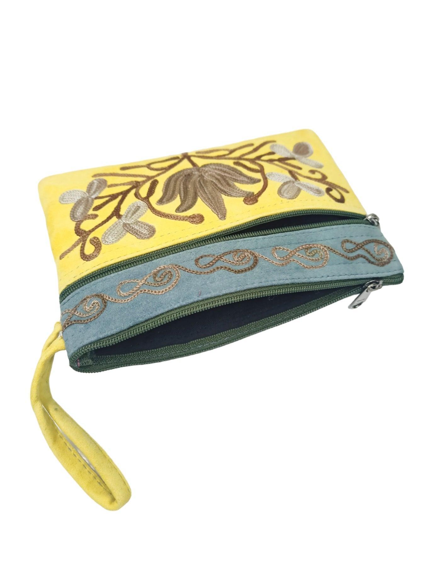 Suede Leather Purse | Aari Hand Purch | 6" 3 Zip Embroidered Purse - ZANSKAR ARTS