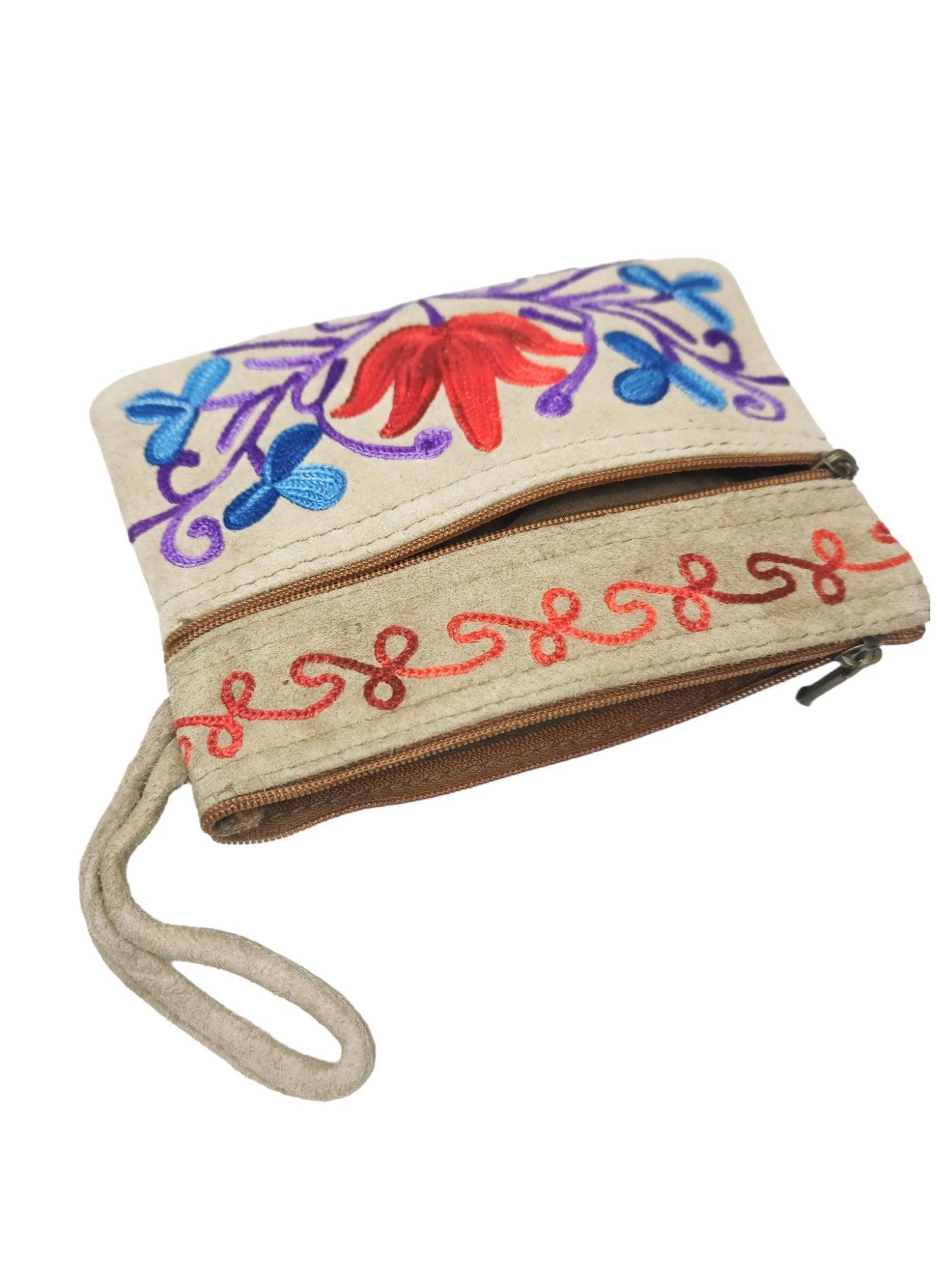 Suede Leather Purse | Aari Hand Purch | 6" 3 Zip Embroidered Purse - ZANSKAR ARTS