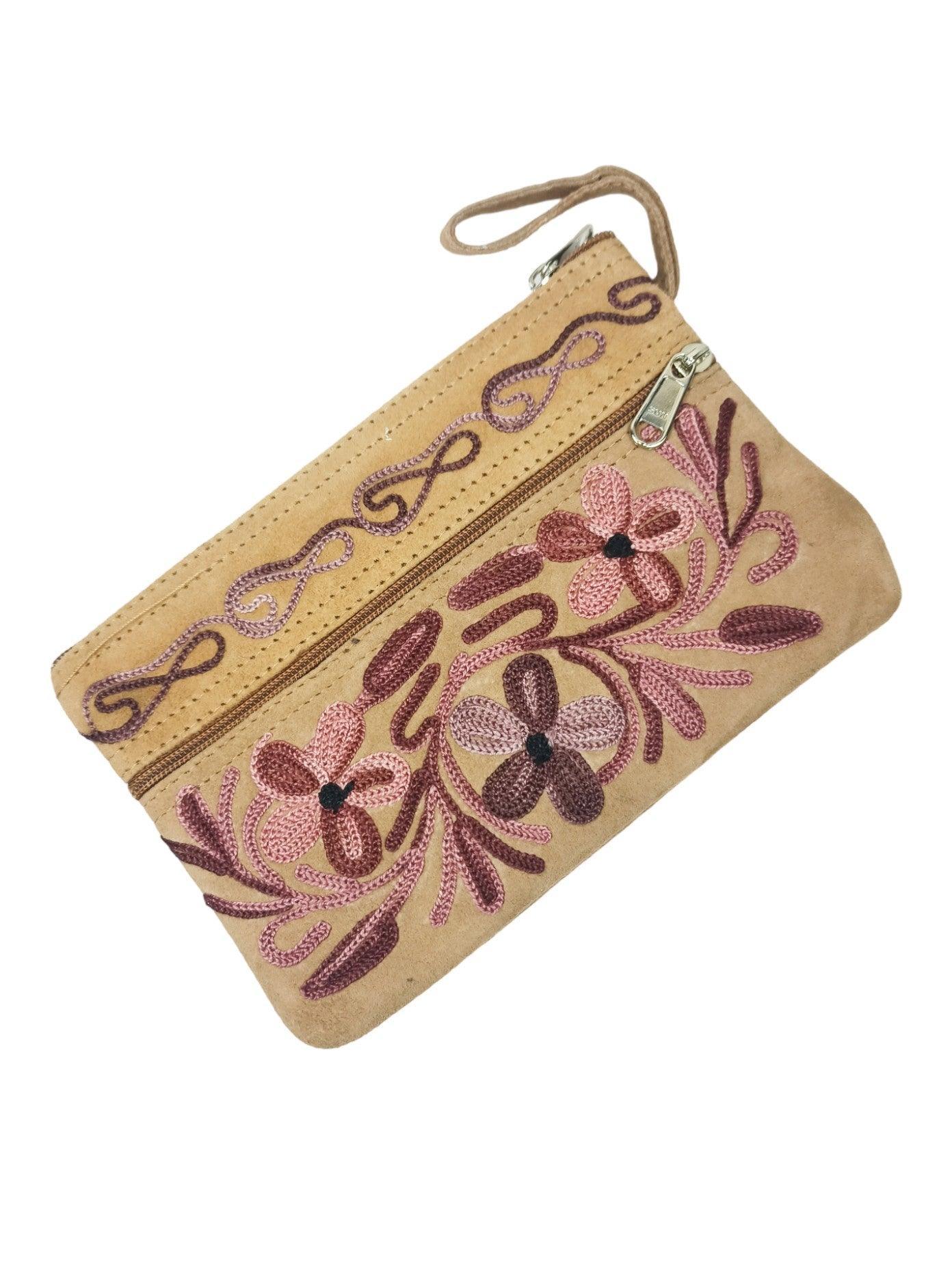 Suede Leather Purse | Aari Hand Purch | 6" 3 Zip Embroidered Purse - ZANSKAR ARTS