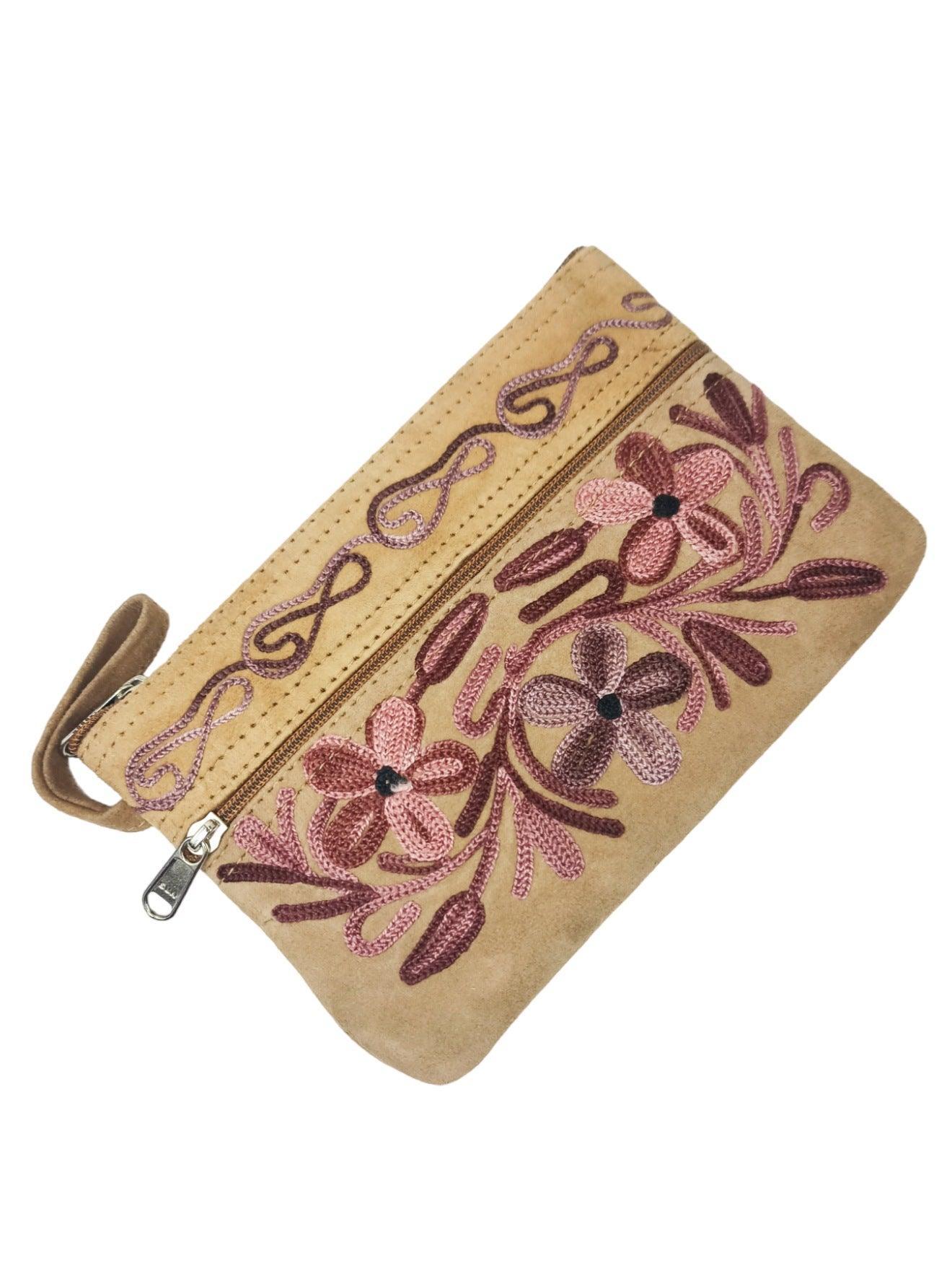 Suede Leather Purse | Aari Hand Purch | 6" 3 Zip Embroidered Purse - ZANSKAR ARTS