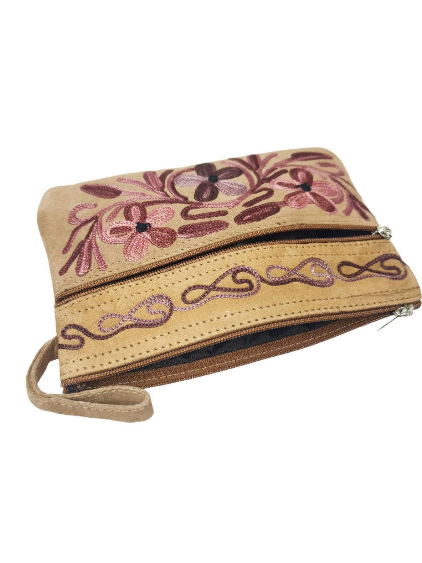 Suede Leather Purse | Aari Hand Purch | 6" 3 Zip Embroidered Purse - ZANSKAR ARTS