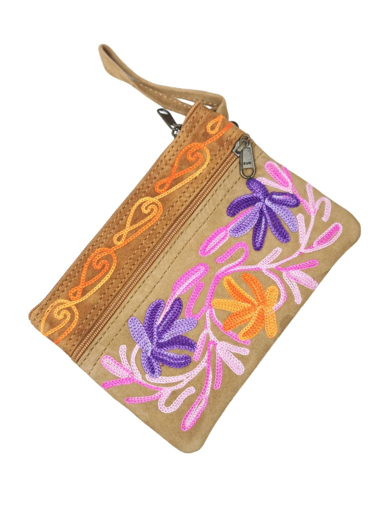 Suede Leather Purse | Aari Hand Purch | 6" 3 Zip Embroidered Purse - ZANSKAR ARTS