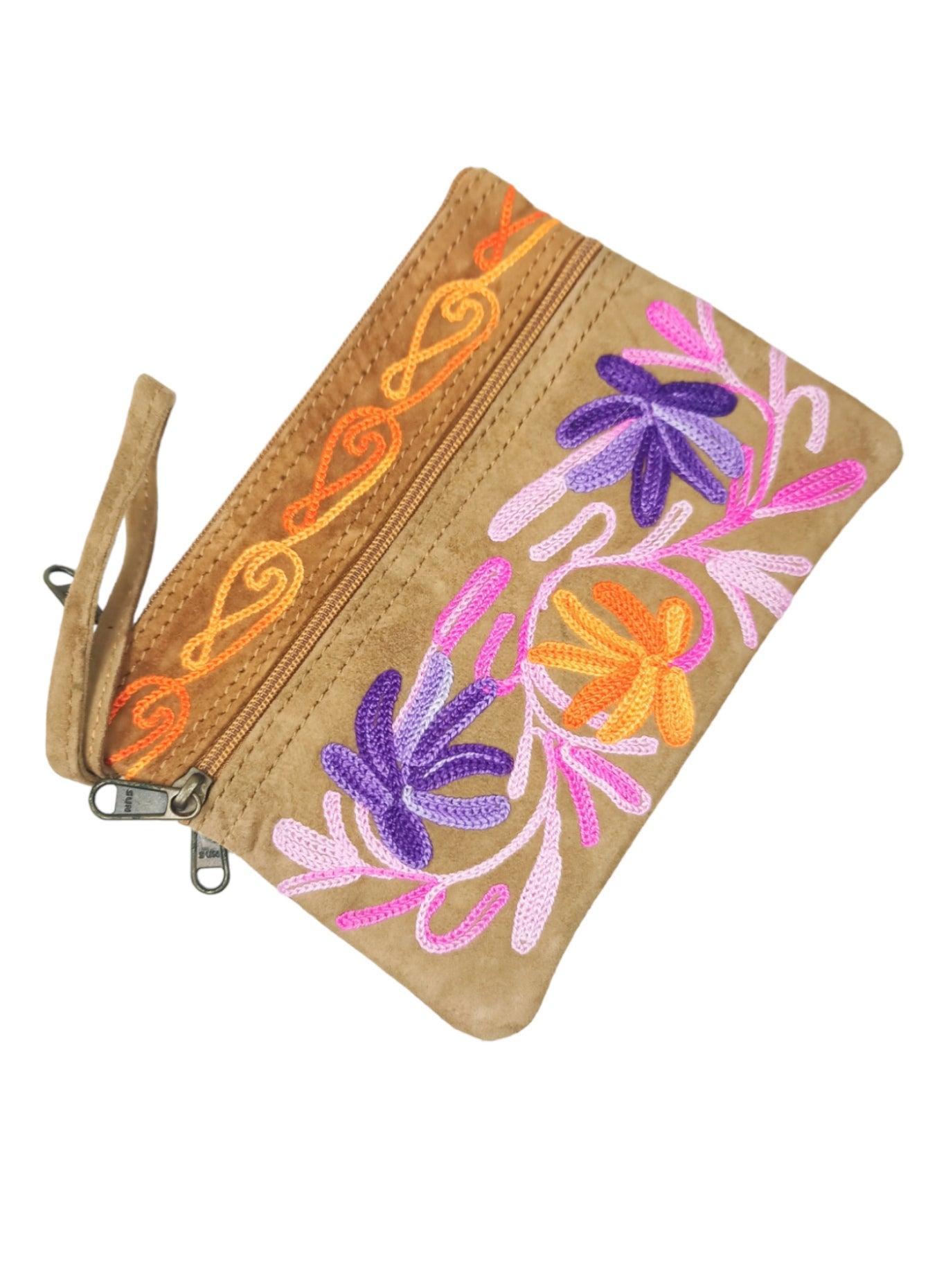 Suede Leather Purse | Aari Hand Purch | 6" 3 Zip Embroidered Purse - ZANSKAR ARTS