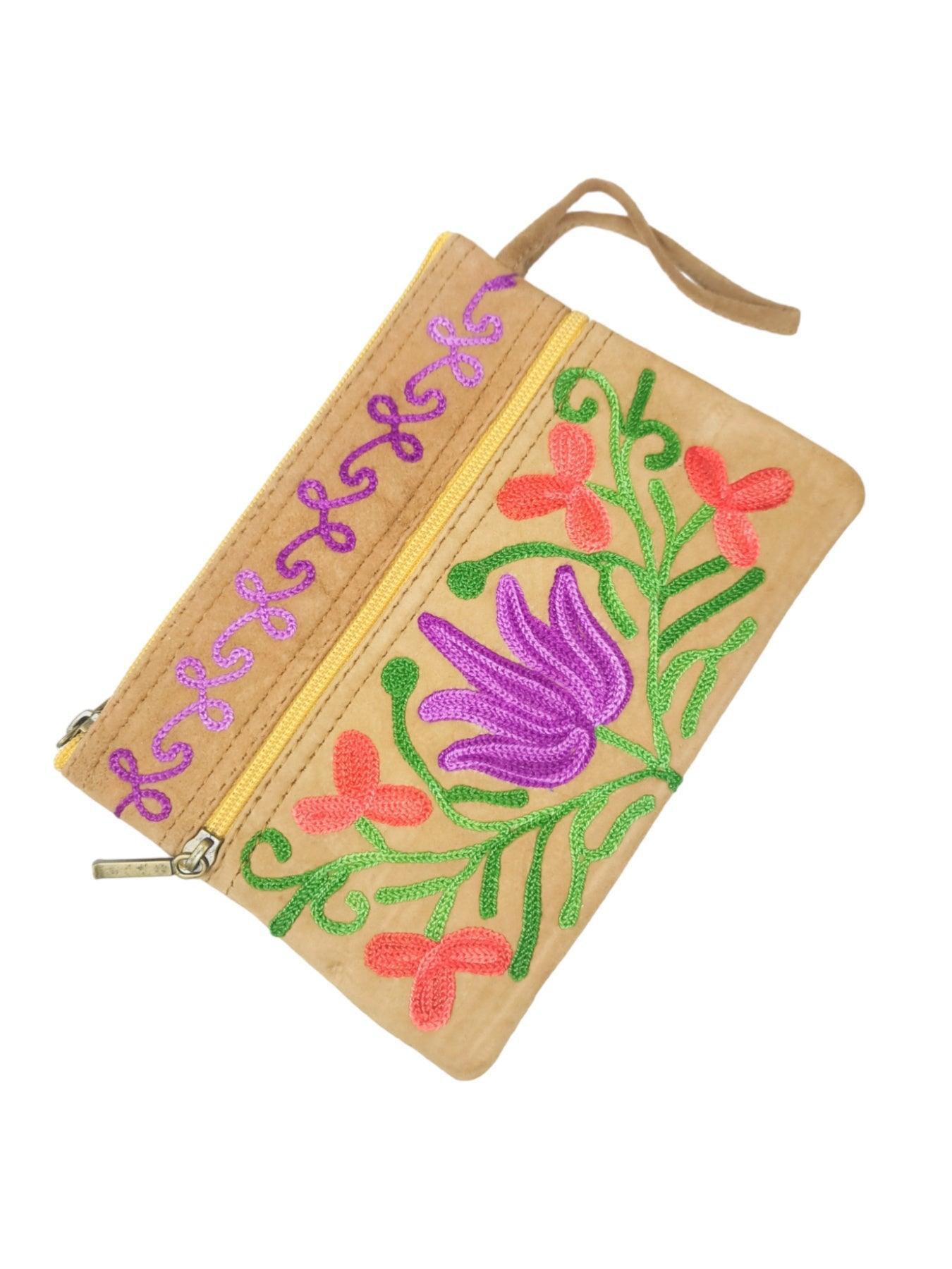 Suede Leather Purse | Aari Hand Purch | 6" 3 Zip Embroidered Purse - ZANSKAR ARTS