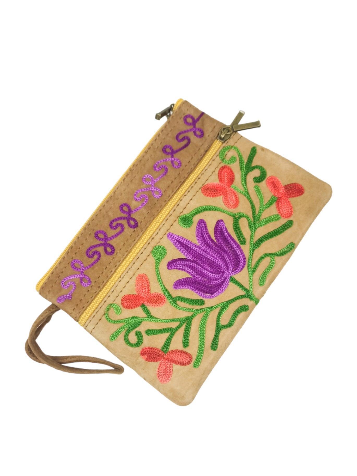 Suede Leather Purse | Aari Hand Purch | 6" 3 Zip Embroidered Purse - ZANSKAR ARTS