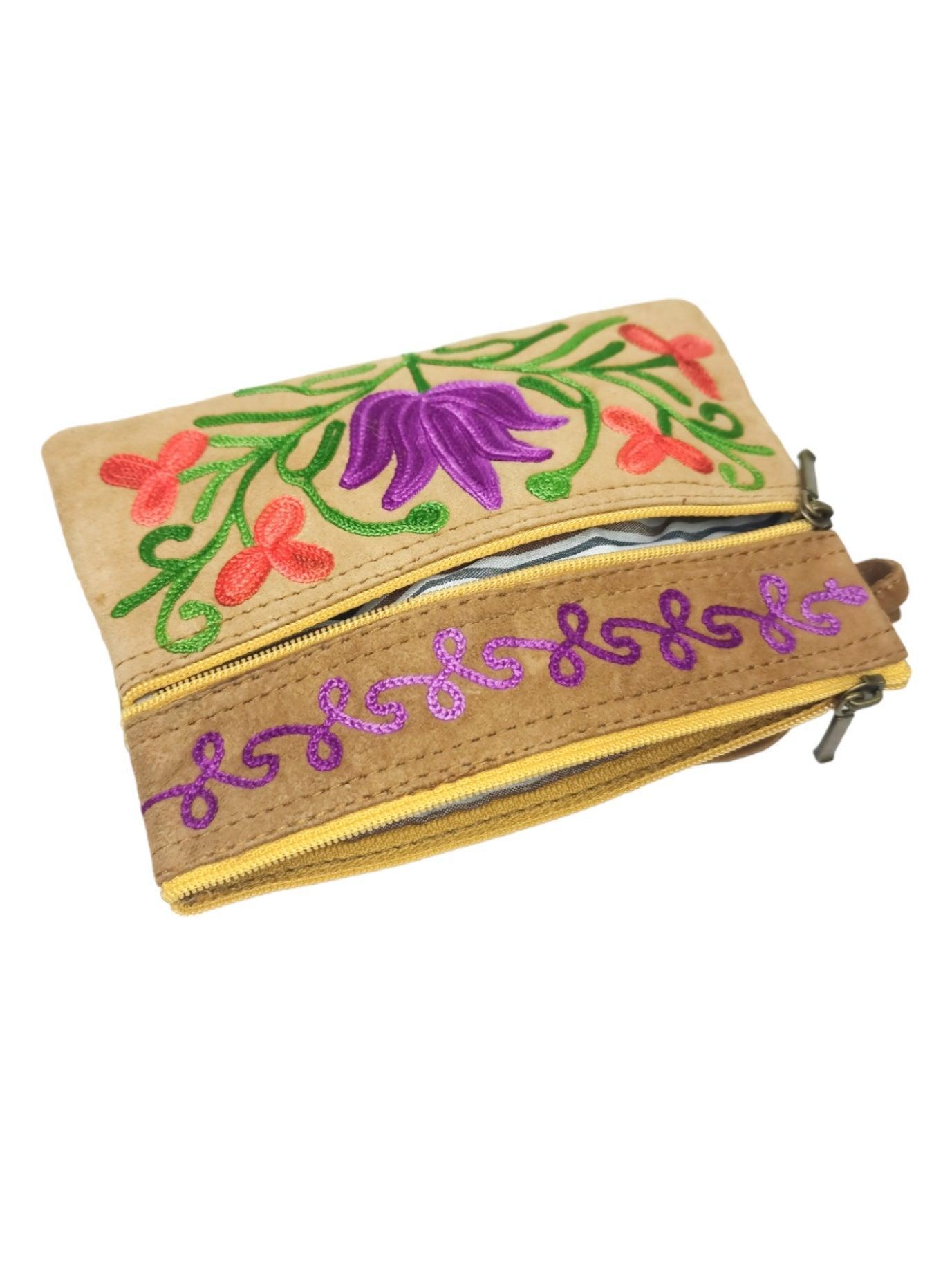 Suede Leather Purse | Aari Hand Purch | 6" 3 Zip Embroidered Purse - ZANSKAR ARTS