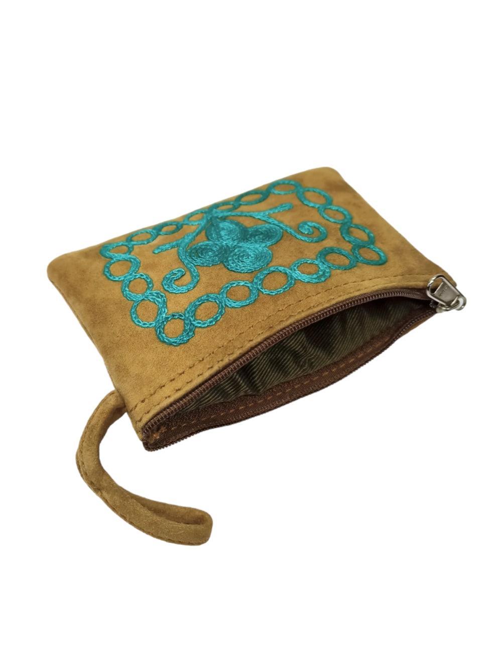 Suede Leather Purse Single Zip | Aari Hand Purch | 4"Zip Purse - ZANSKAR ARTS