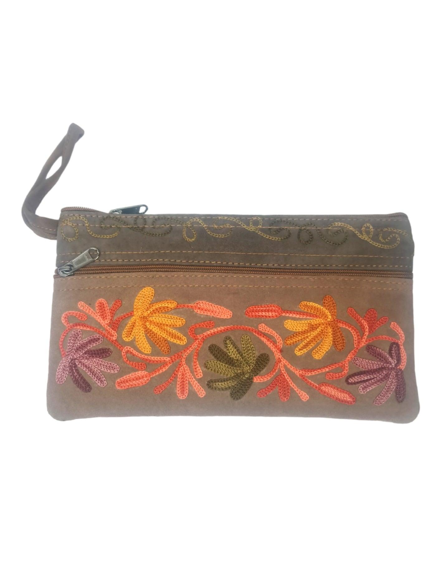 Suede Leather Purse | Aari Hand Purch | 8" 3 Zip Embroidered Purse