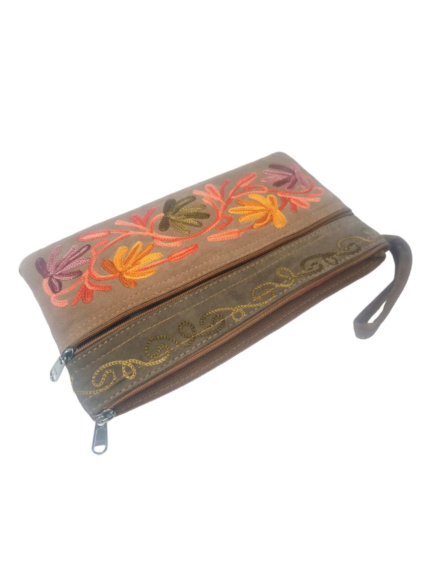Suede Leather Purse | Aari Hand Purch | 8" 3 Zip Embroidered Purse