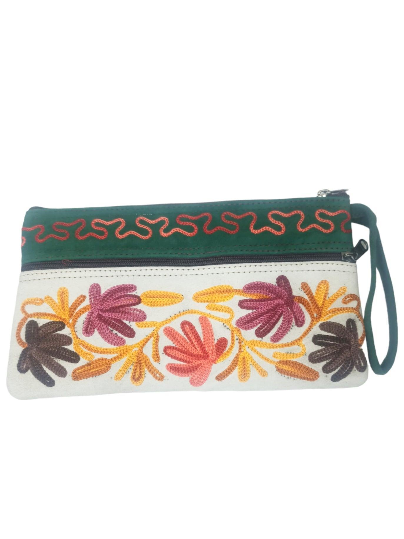 Suede Leather Purse | Aari Hand Purch | 8" 3 Zip Embroidered Purse