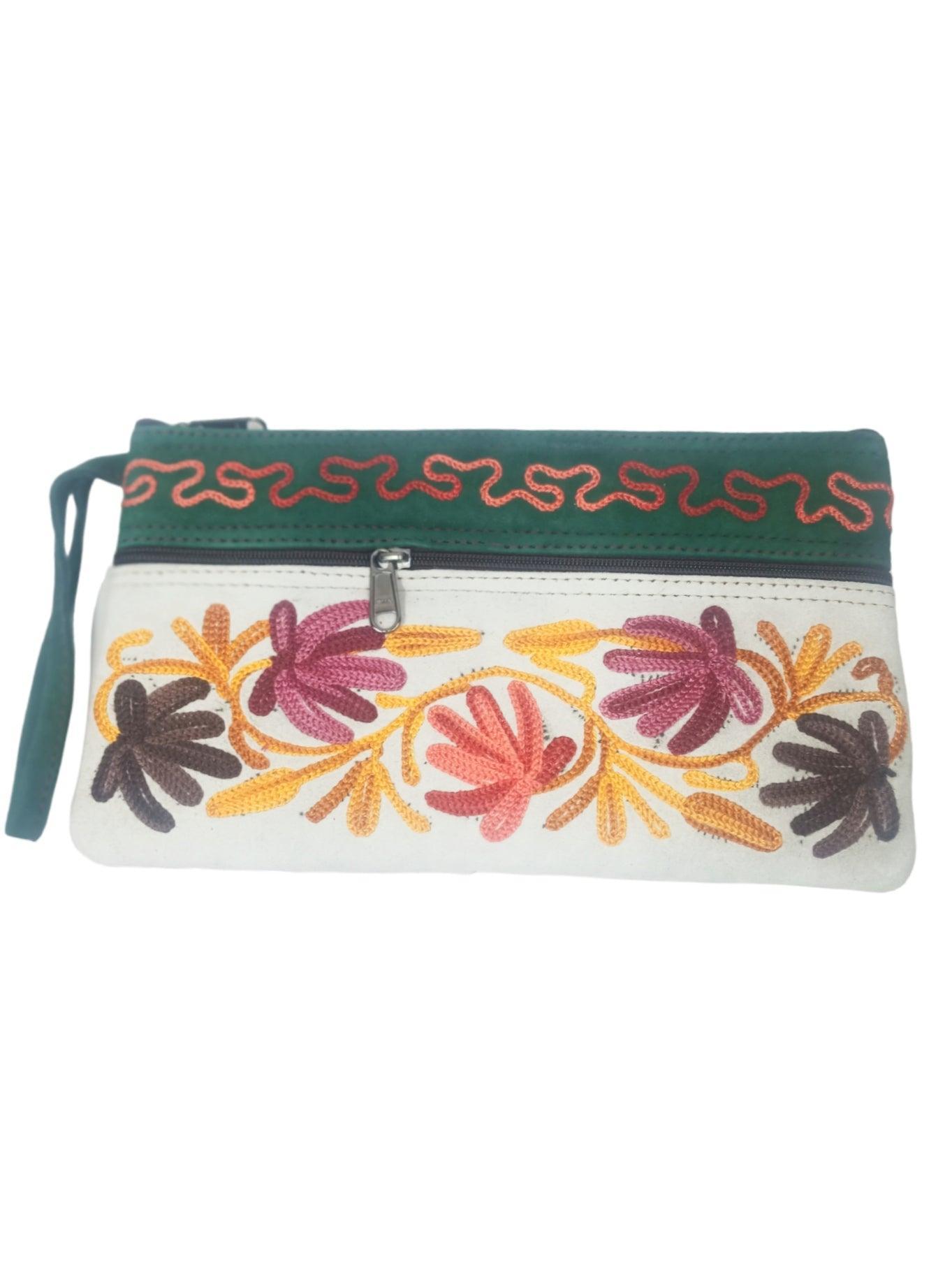 Suede Leather Purse | Aari Hand Purch | 8" 3 Zip Embroidered Purse