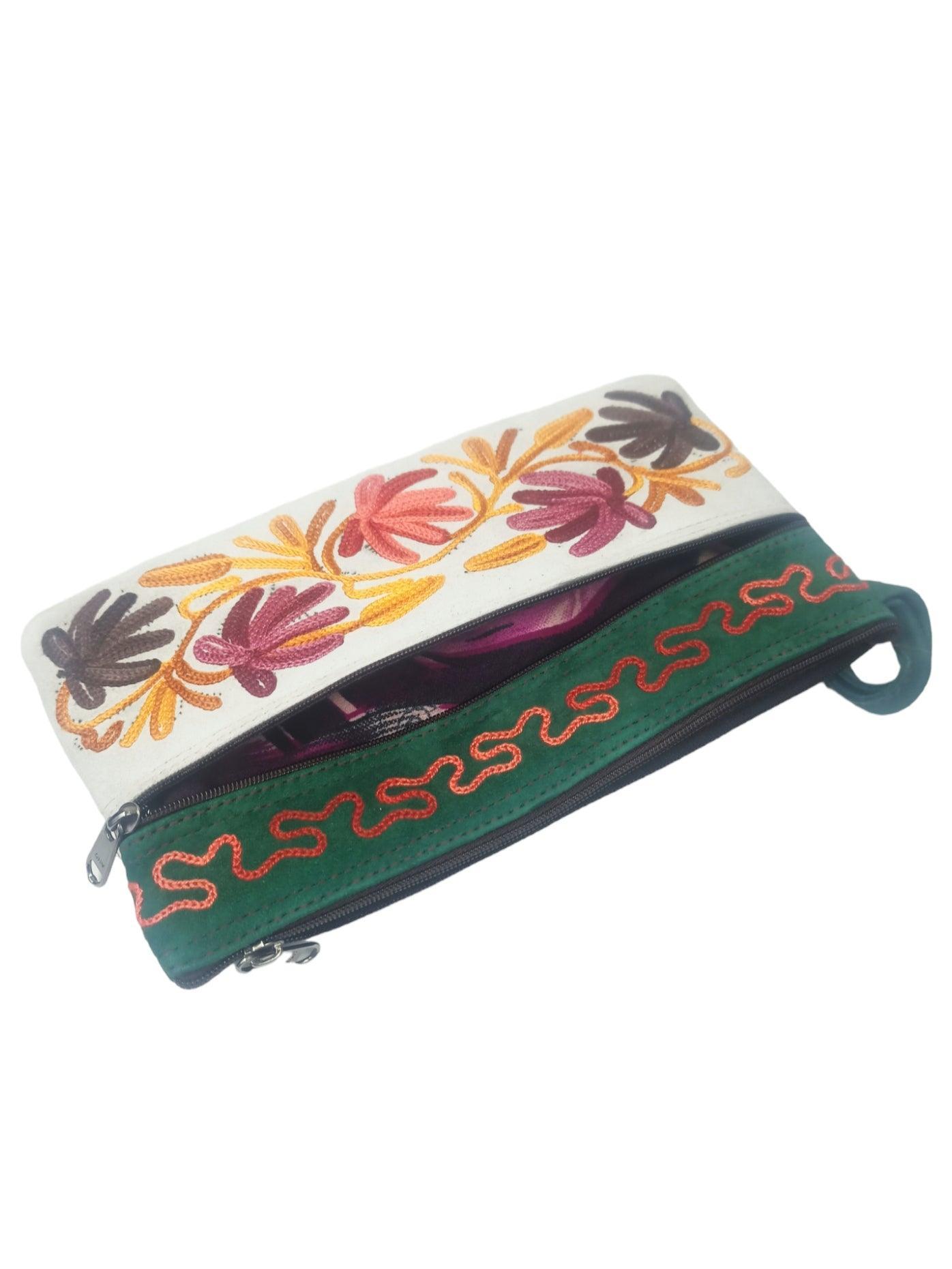 Suede Leather Purse | Aari Hand Purch | 8" 3 Zip Embroidered Purse