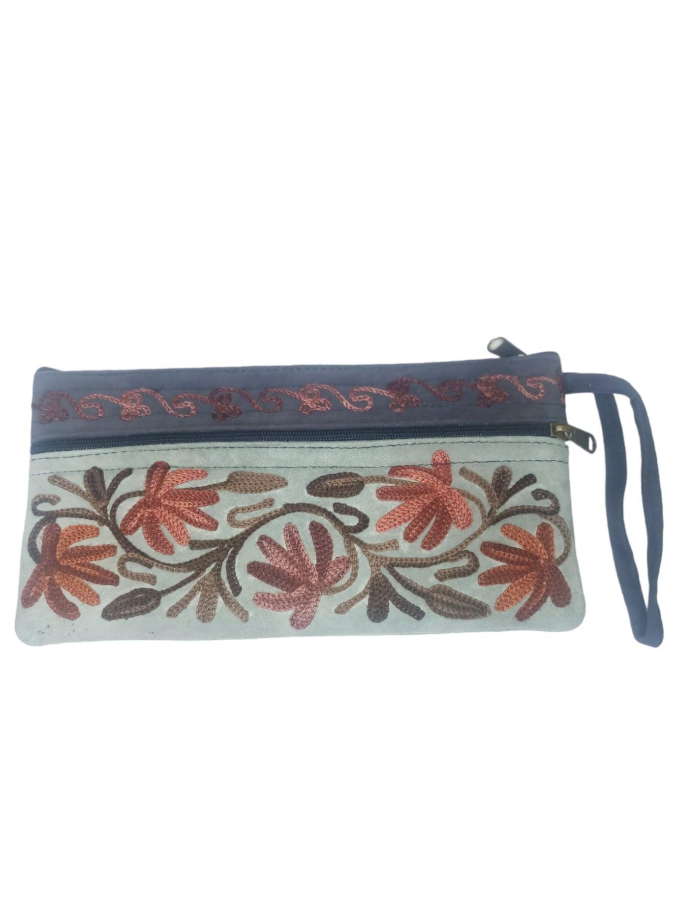 Suede Leather Purse | Aari Hand Purch | 8" 3 Zip Embroidered Purse
