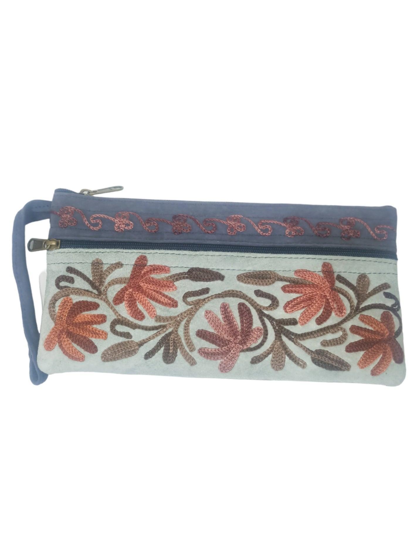 Suede Leather Purse | Aari Hand Purch | 8" 3 Zip Embroidered Purse