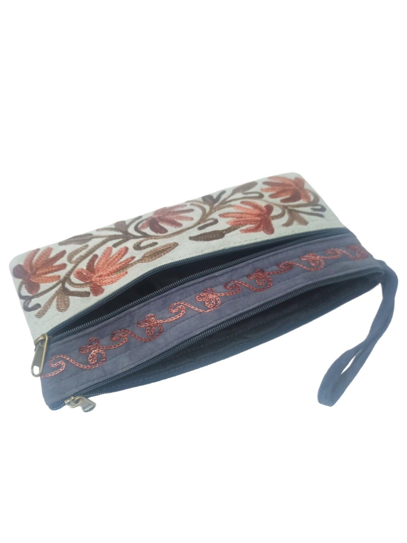 Suede Leather Purse | Aari Hand Purch | 8" 3 Zip Embroidered Purse