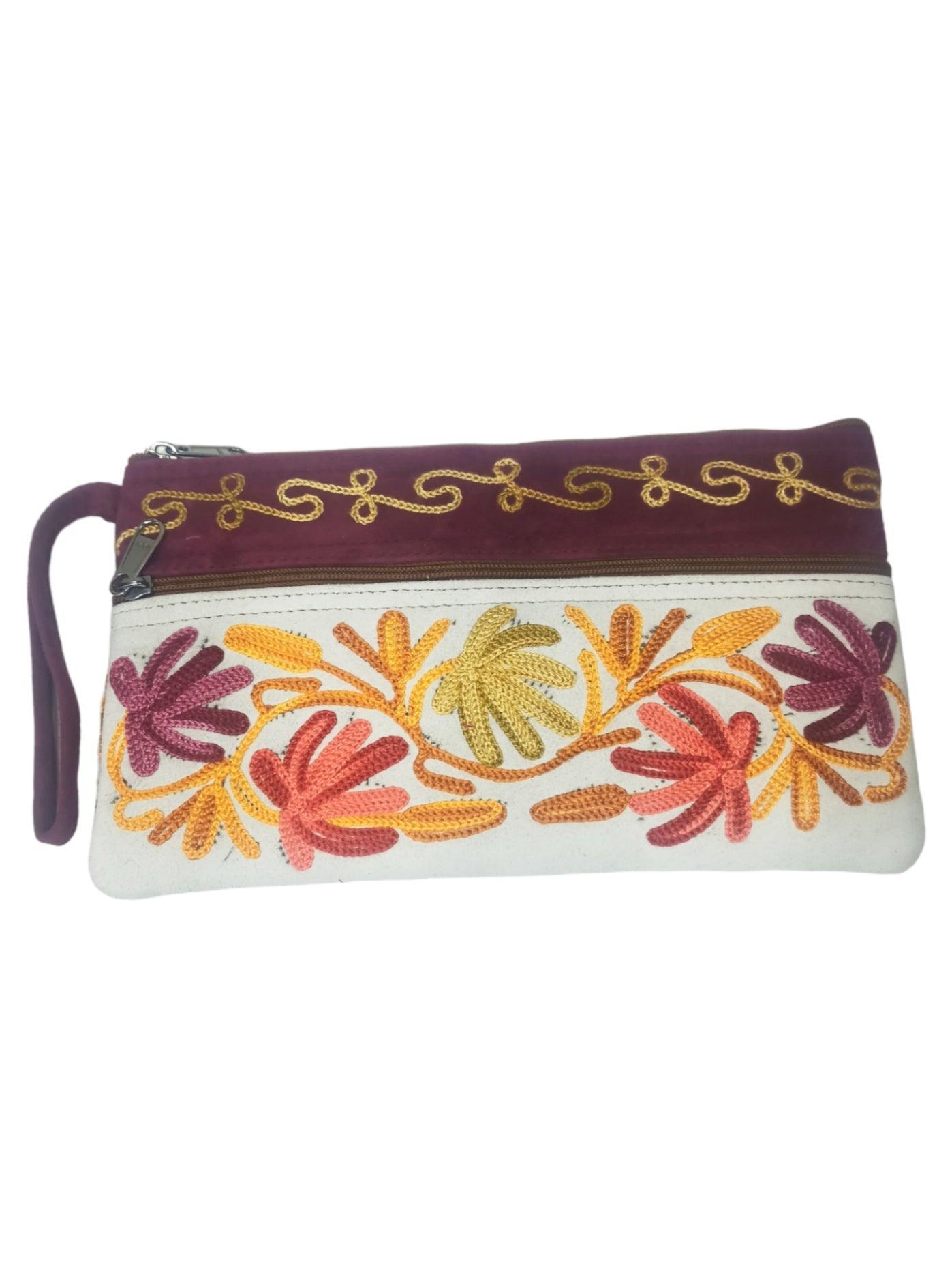 Suede Leather Purse | Aari Hand Purch | 8" 3 Zip Embroidered Purse