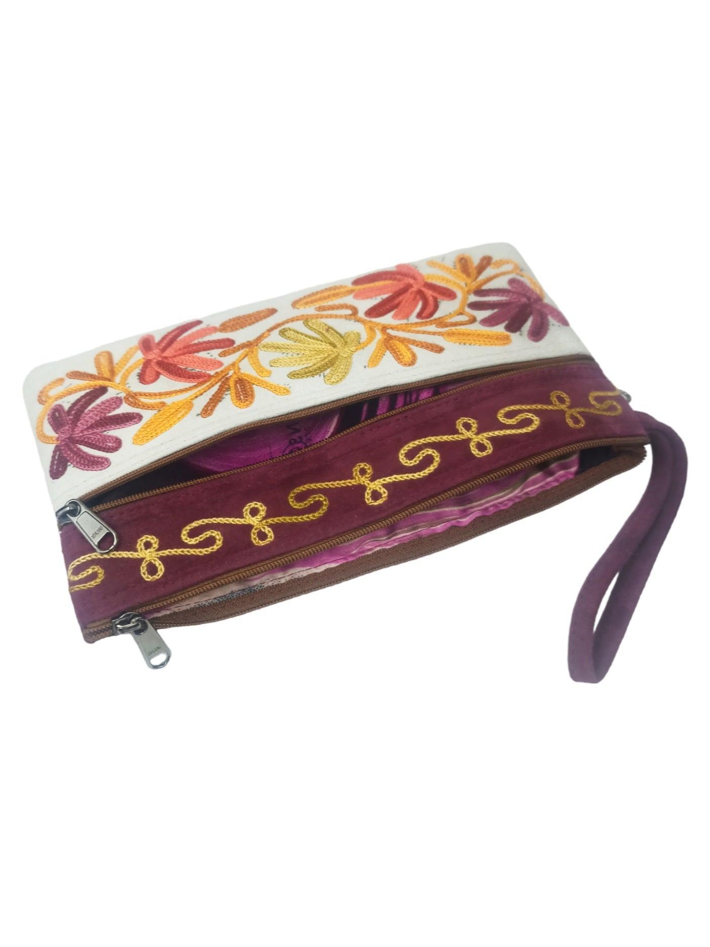 Suede Leather Purse | Aari Hand Purch | 8" 3 Zip Embroidered Purse