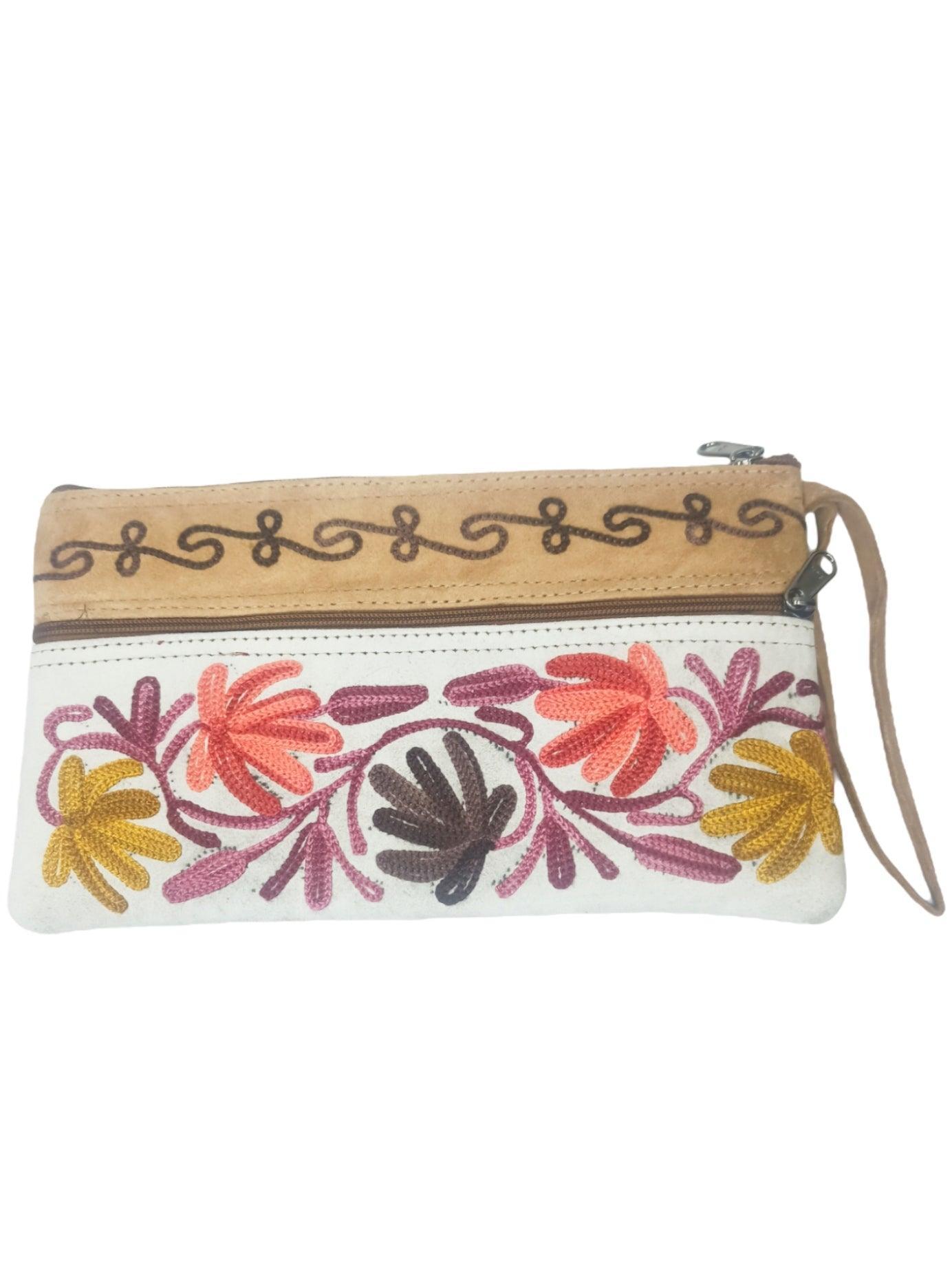 Suede Leather Purse | Aari Hand Purch | 8" 3 Zip Embroidered Purse