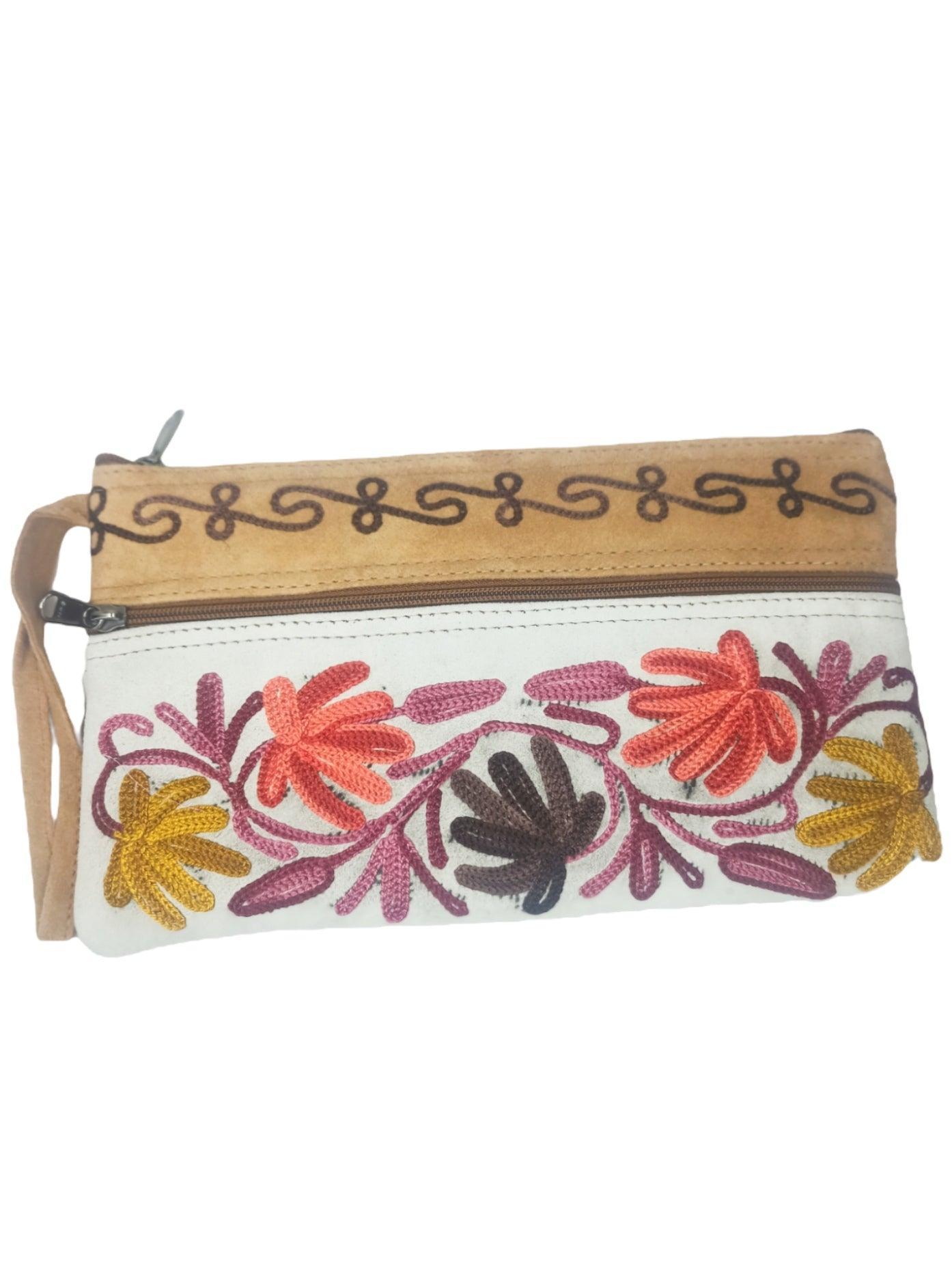 Suede Leather Purse | Aari Hand Purch | 8" 3 Zip Embroidered Purse