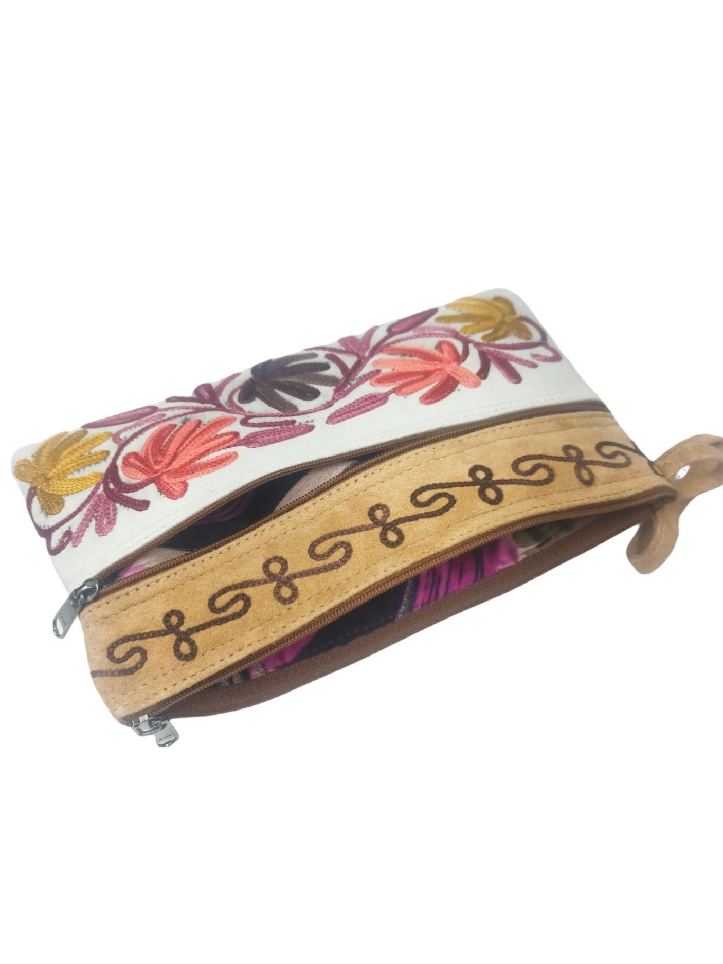 Suede Leather Purse | Aari Hand Purch | 8" 3 Zip Embroidered Purse - ZANSKAR ARTS