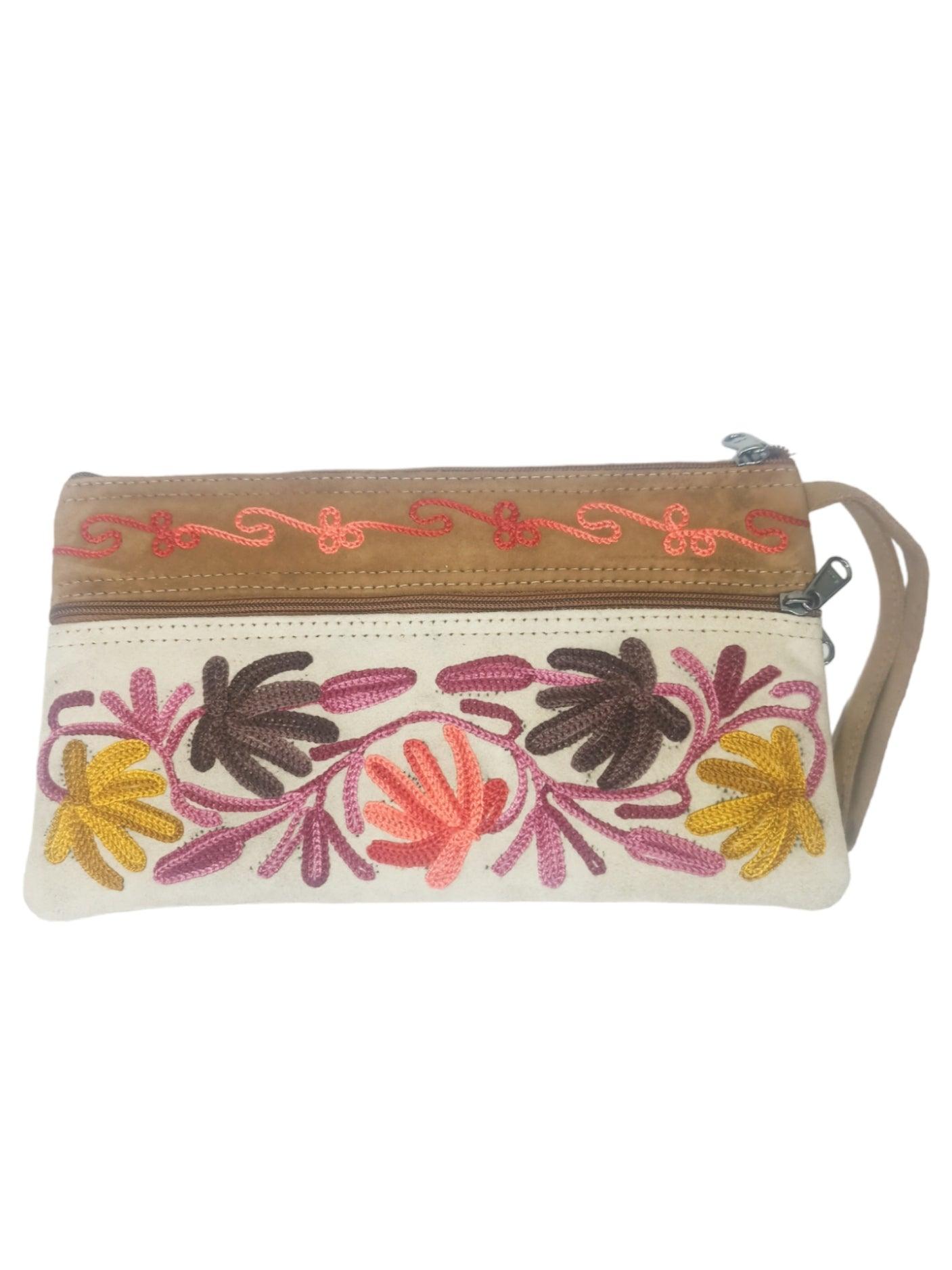 Suede Leather Purse | Aari Hand Purch | 8" 3 Zip Embroidered Purse