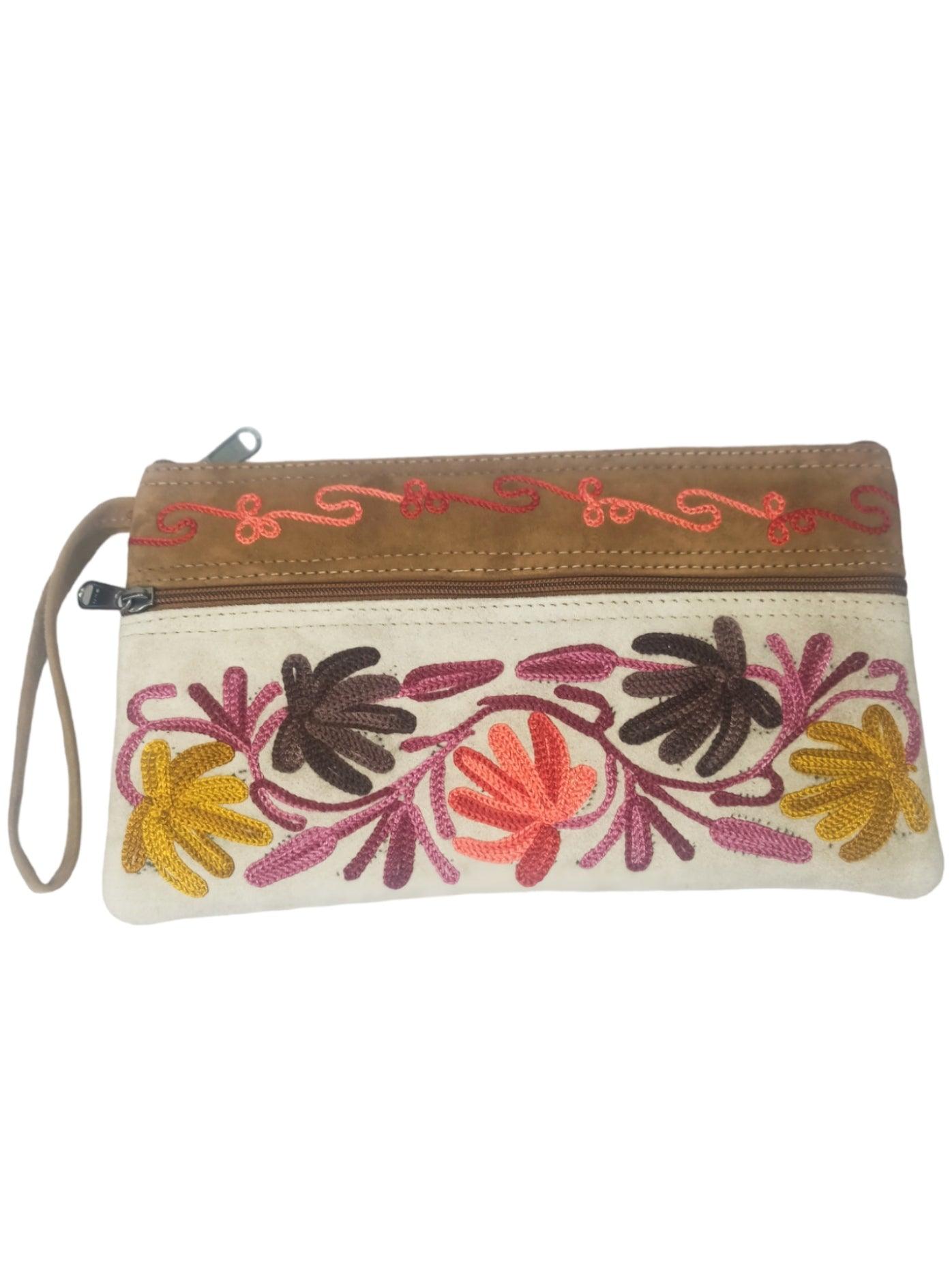Suede Leather Purse | Aari Hand Purch | 8" 3 Zip Embroidered Purse