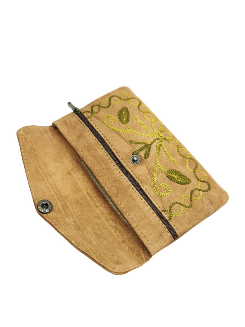 Suede Leather Flap Purse | Kashmiri Flap Purse | 6" Zip Purse - ZANSKAR ARTS