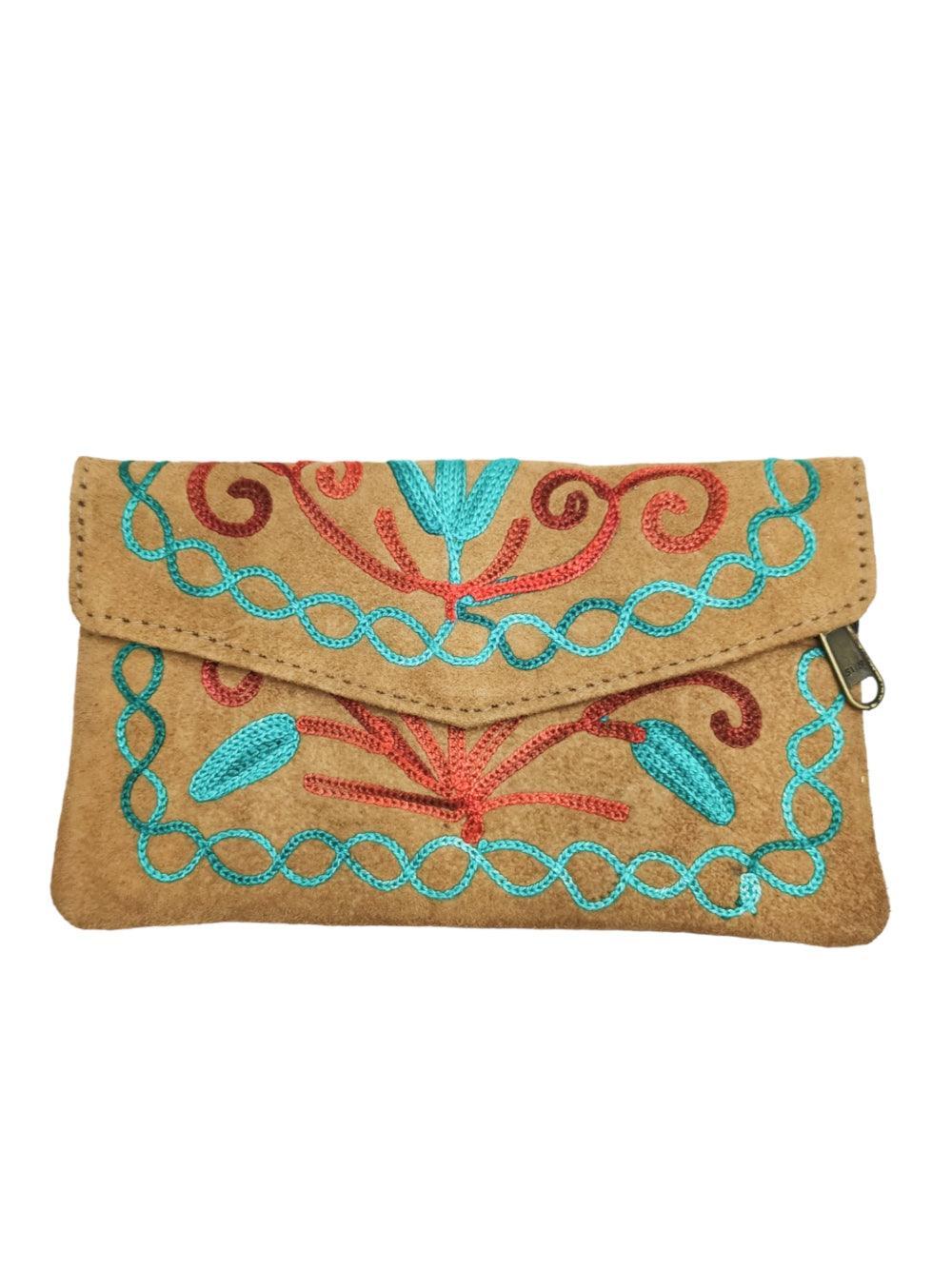 Suede Leather Flap Purse | Kashmiri Flap Purse | 6" Zip Purse - ZANSKAR ARTS